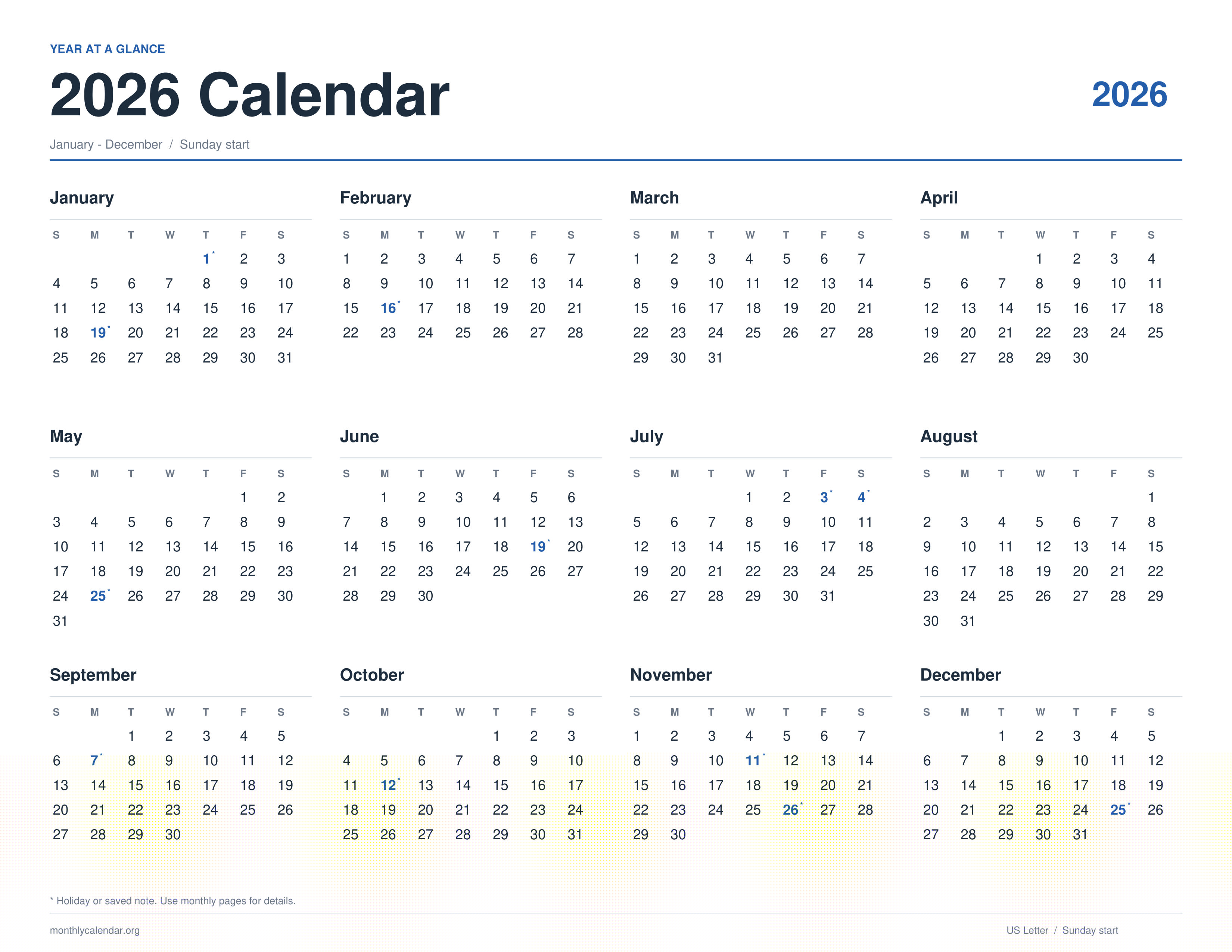 Printable 2026 calendar showing January through December on one page