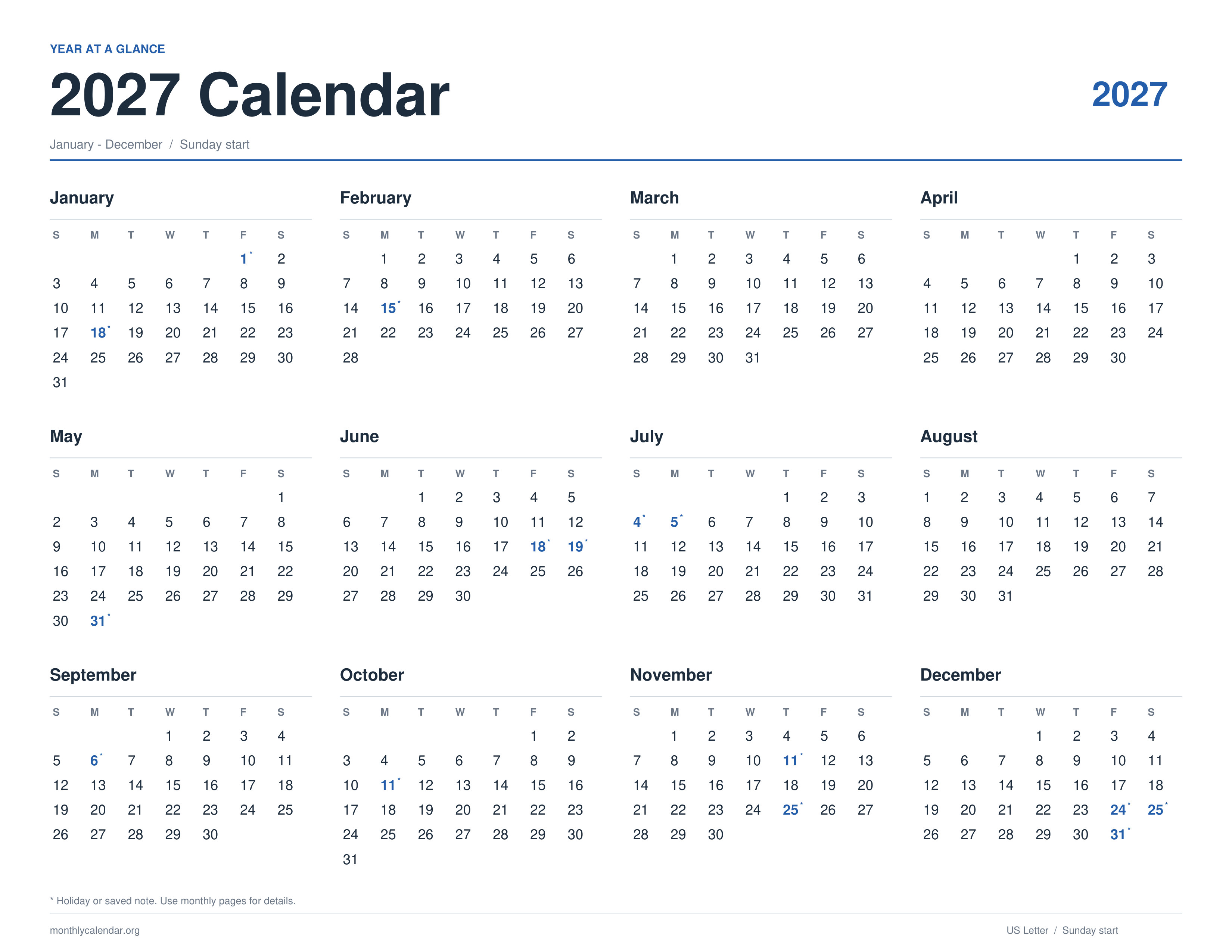 Printable 2027 calendar showing January through December on one page