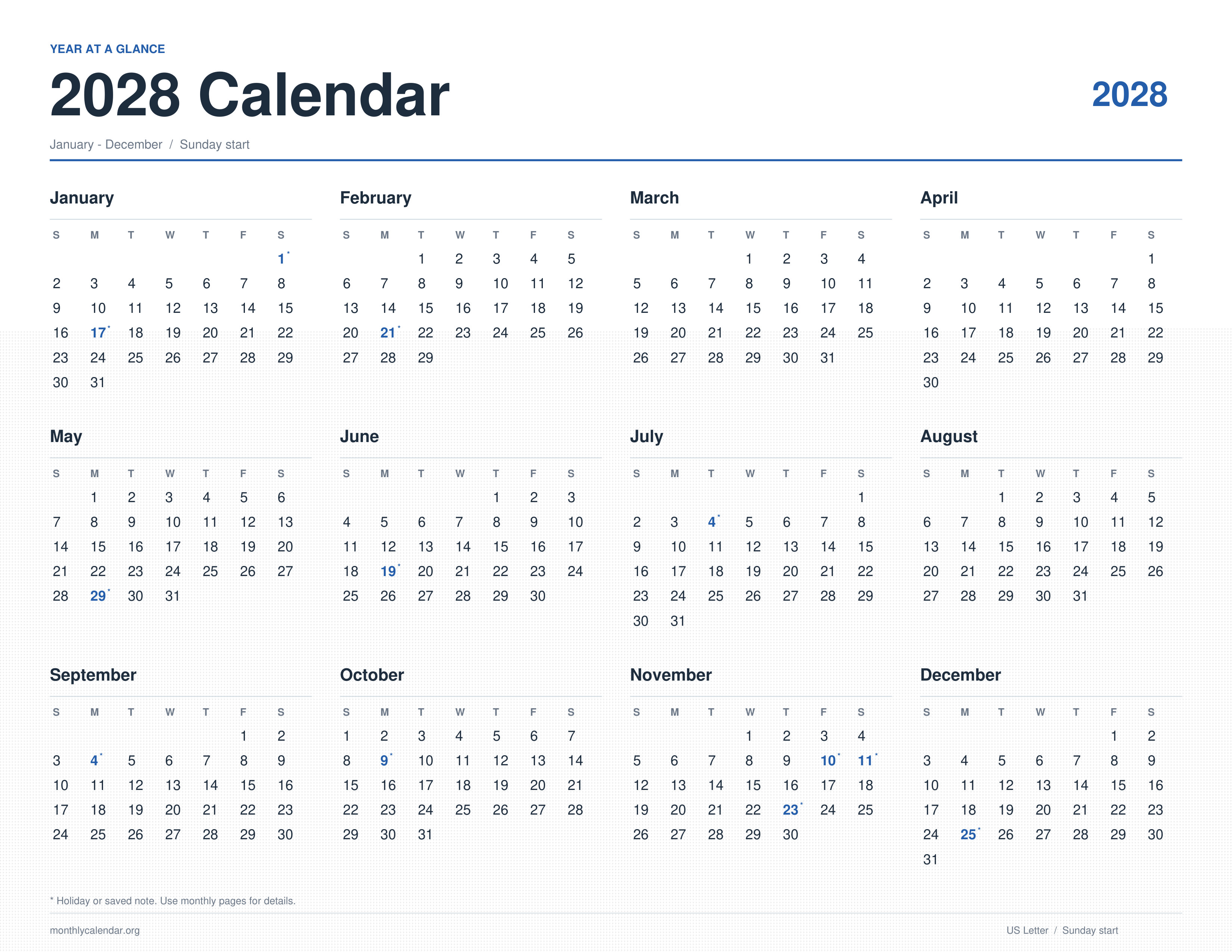 Printable 2028 calendar showing January through December on one page