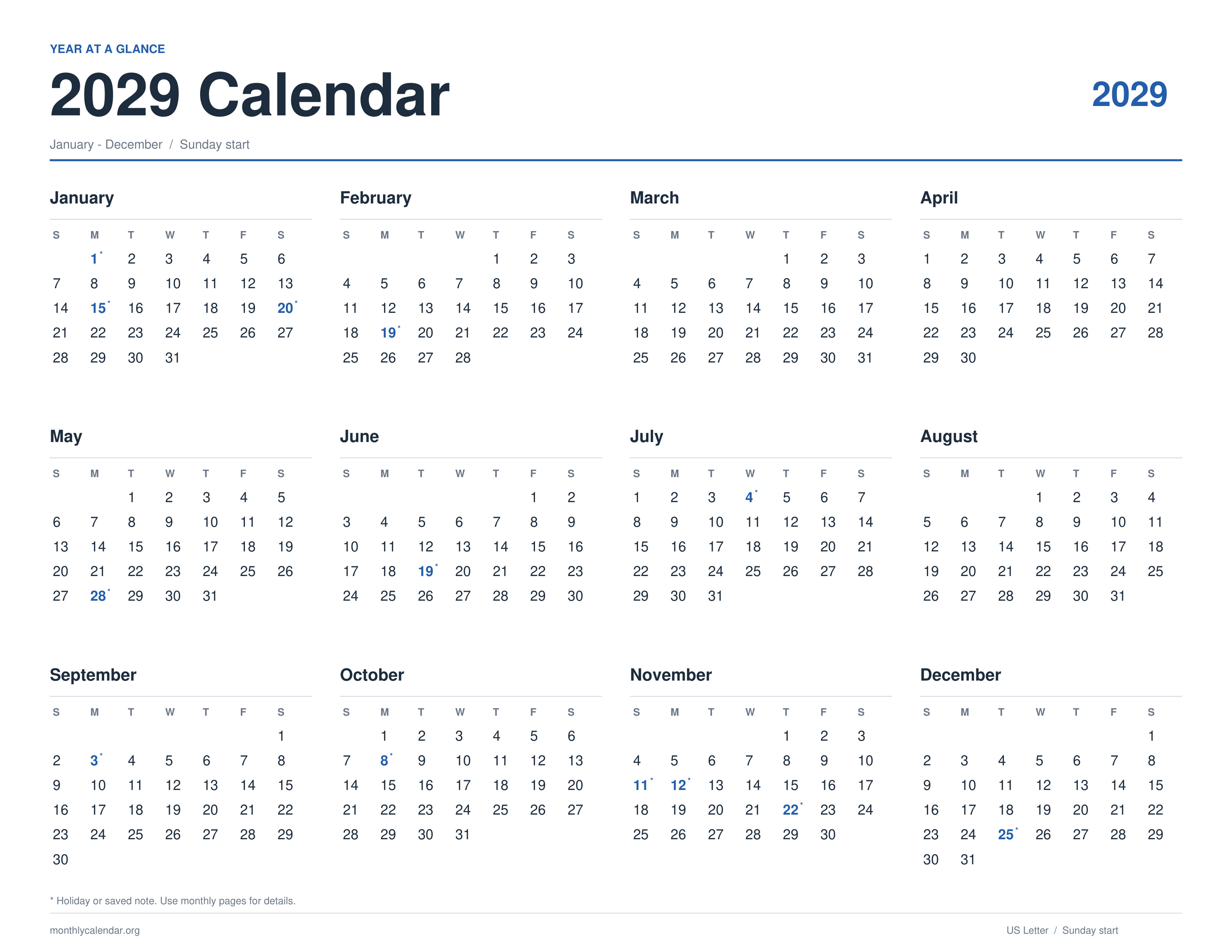 Printable 2029 calendar showing January through December on one page