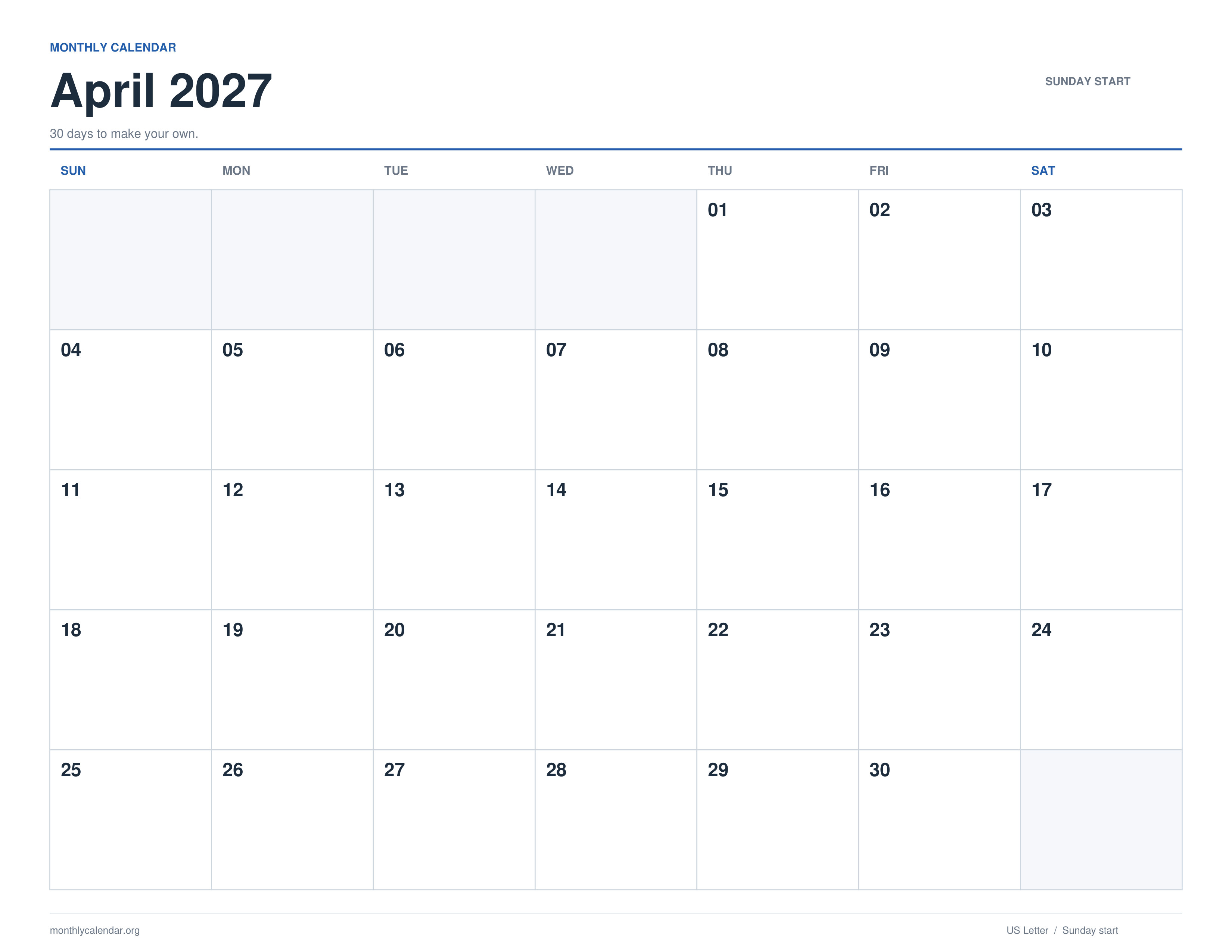 April 2027 printable calendar with Sunday start and US federal holiday labels