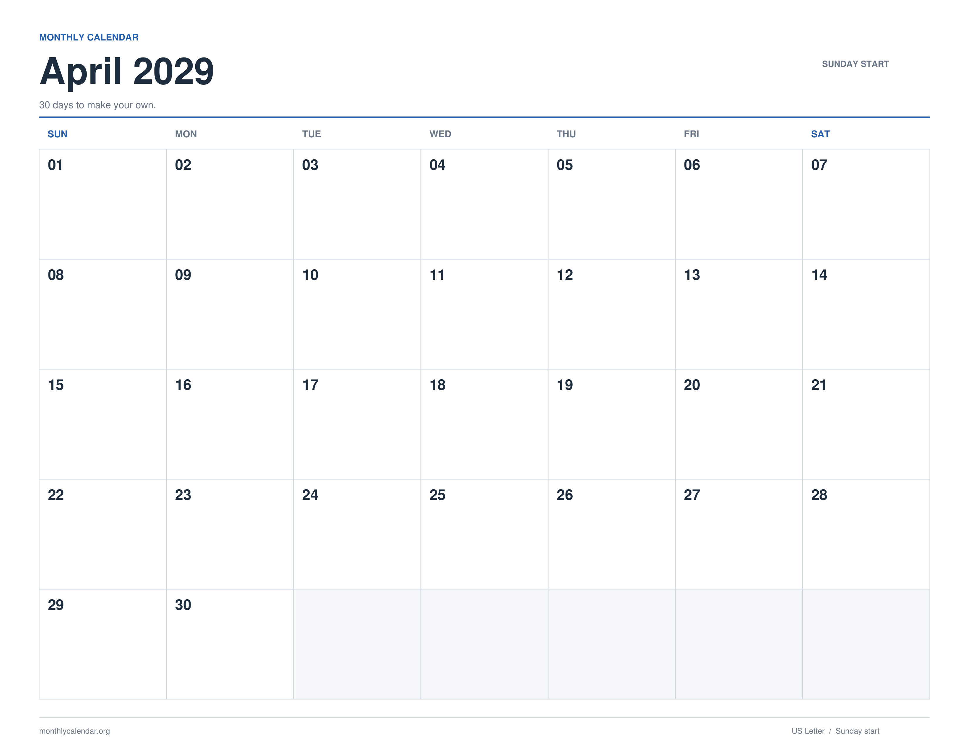 April 2029 printable calendar with Sunday start and US federal holiday labels
