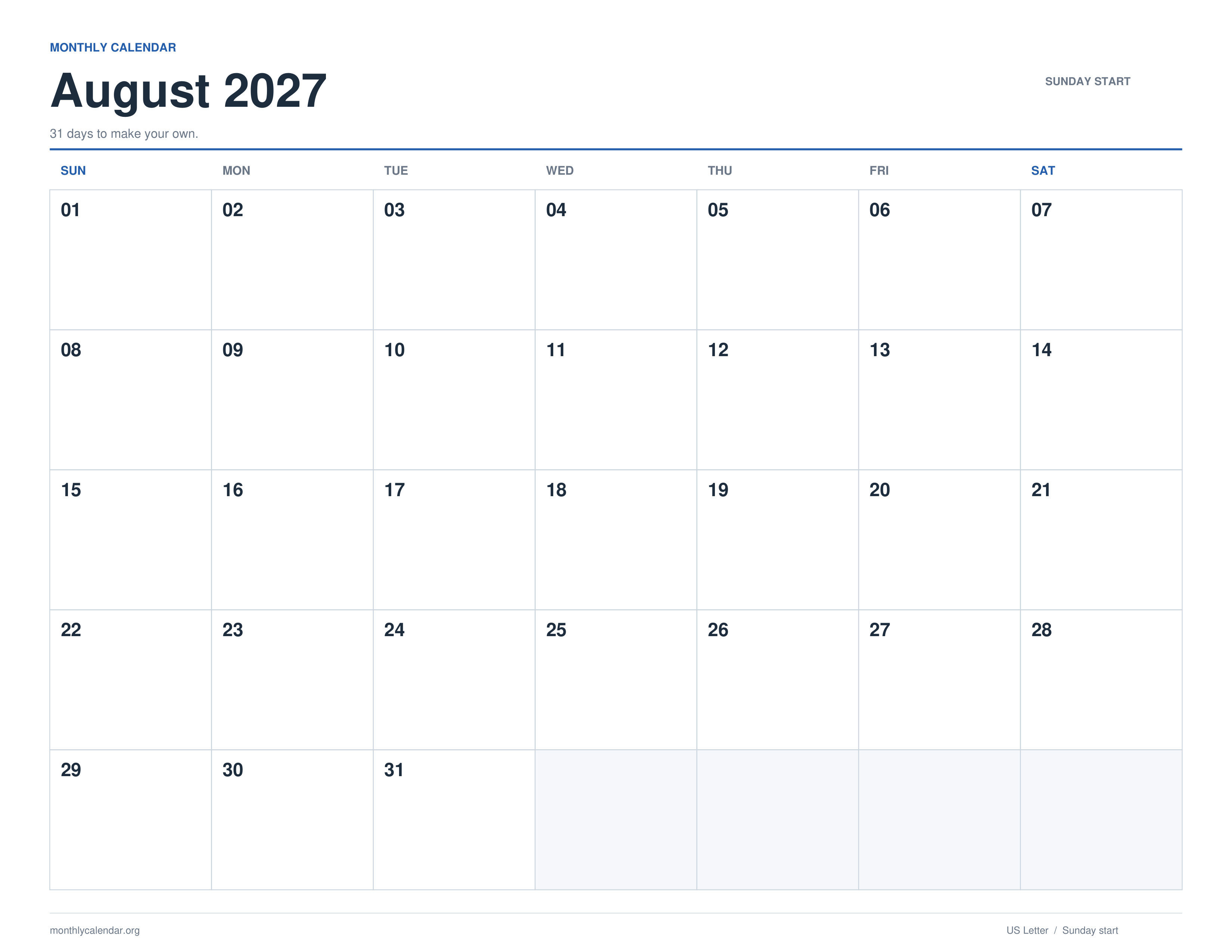 August 2027 printable calendar with Sunday start and US federal holiday labels