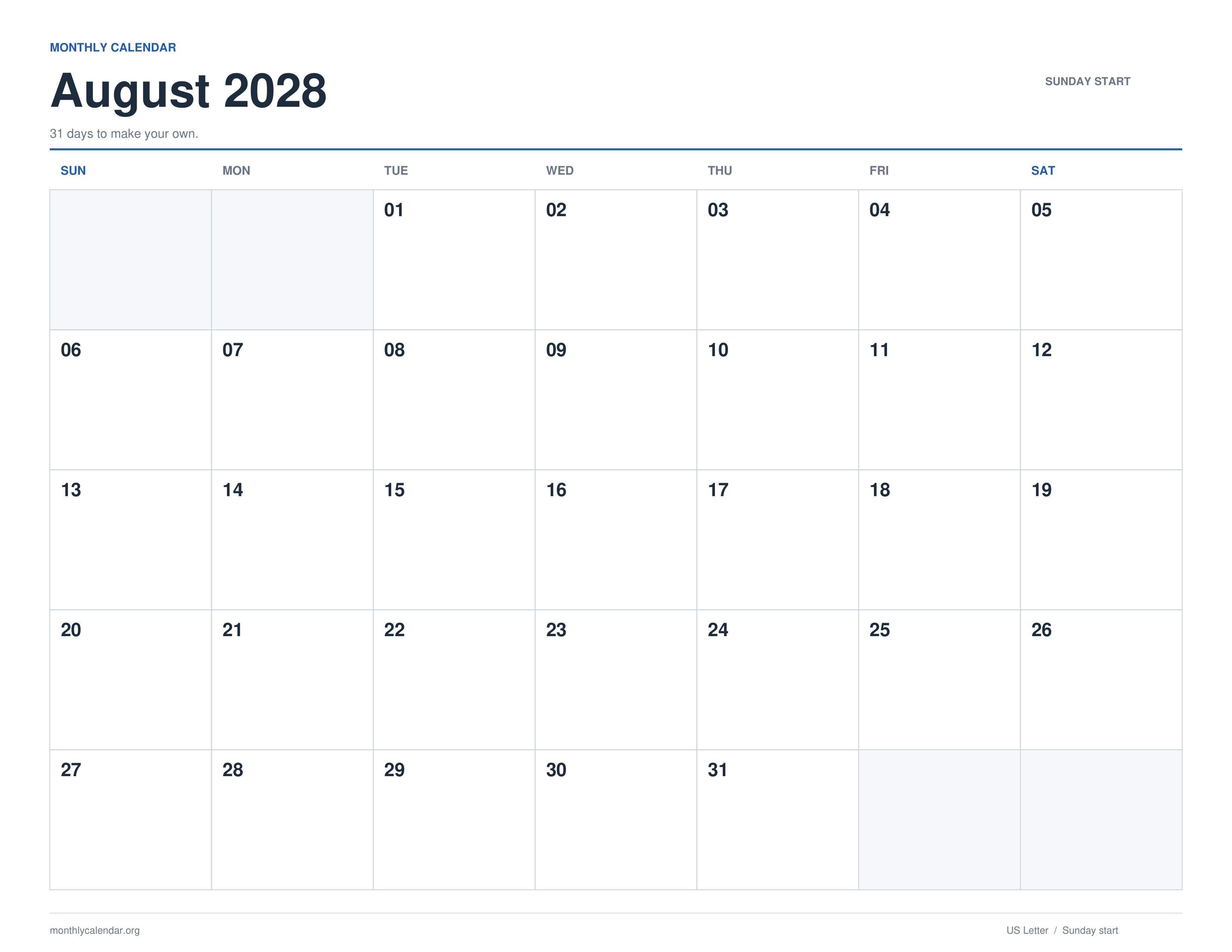 August 2028 printable calendar with Sunday start and US federal holiday labels