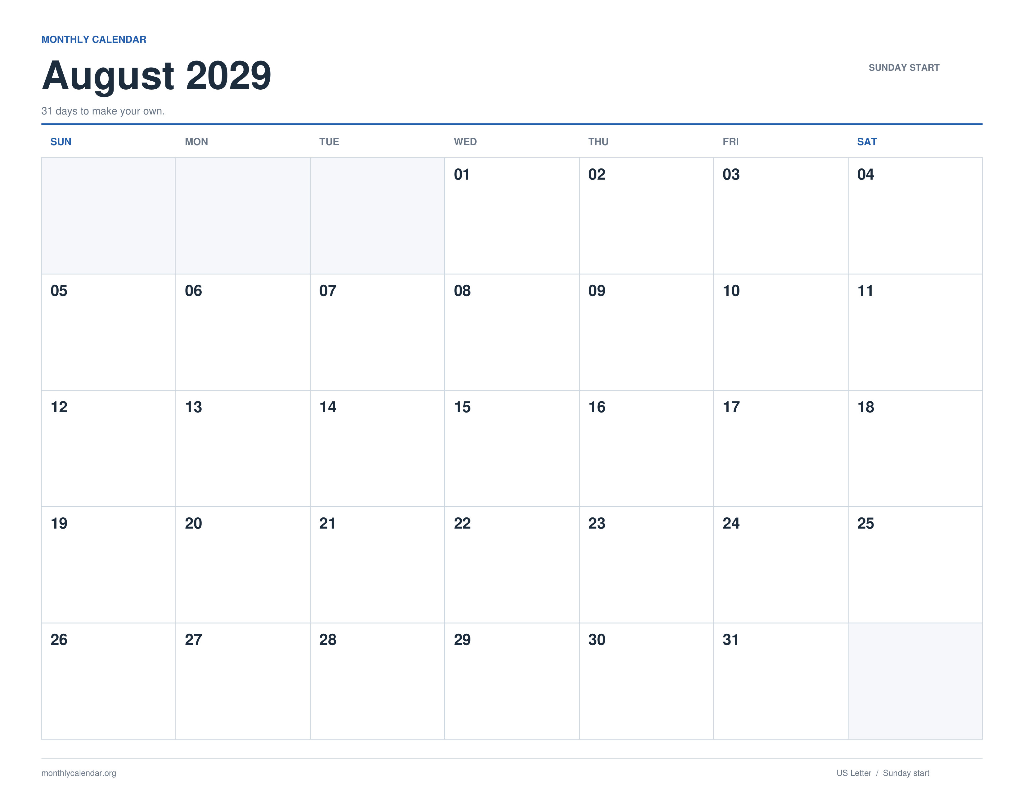 August 2029 printable calendar with Sunday start and US federal holiday labels