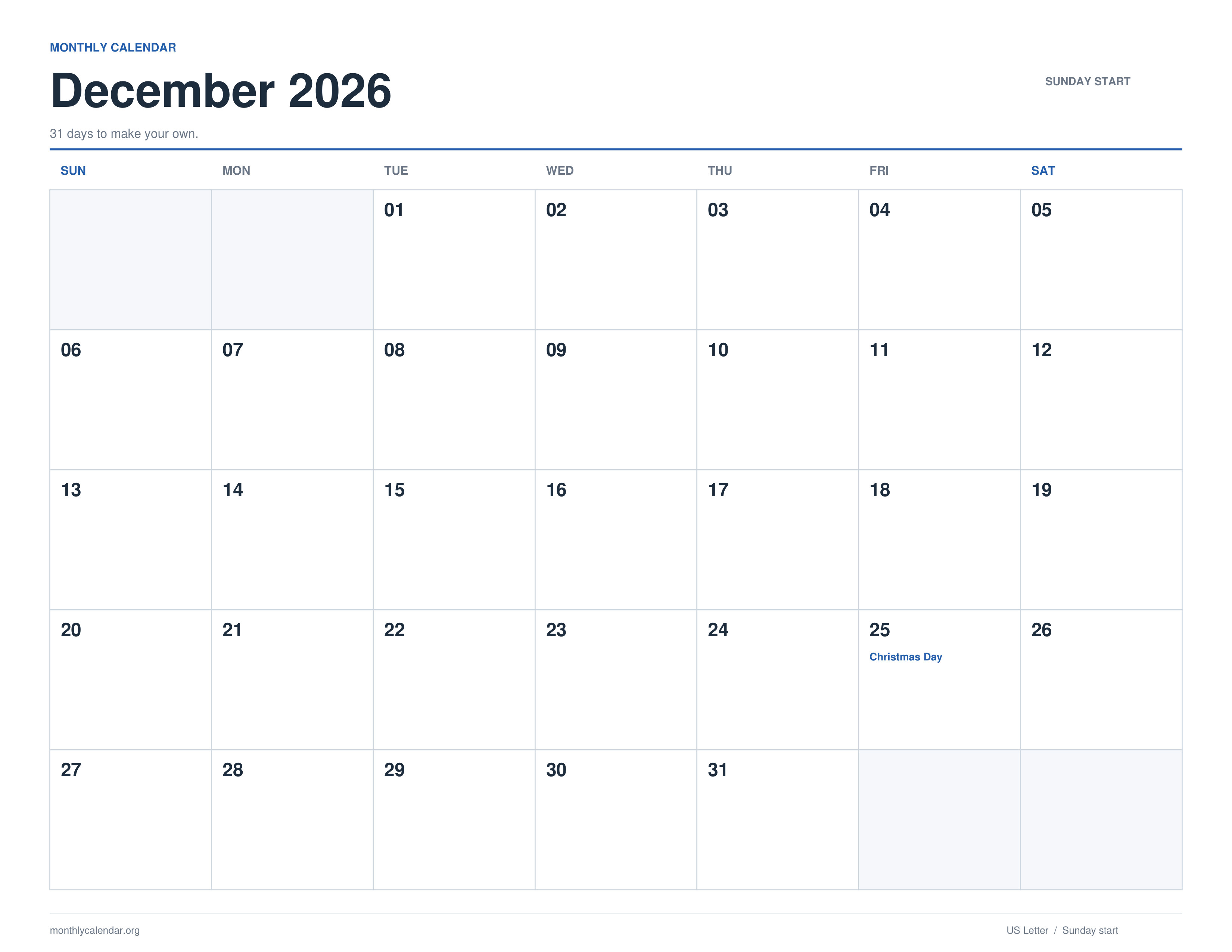 December 2026 printable calendar with Sunday start and US federal holiday labels