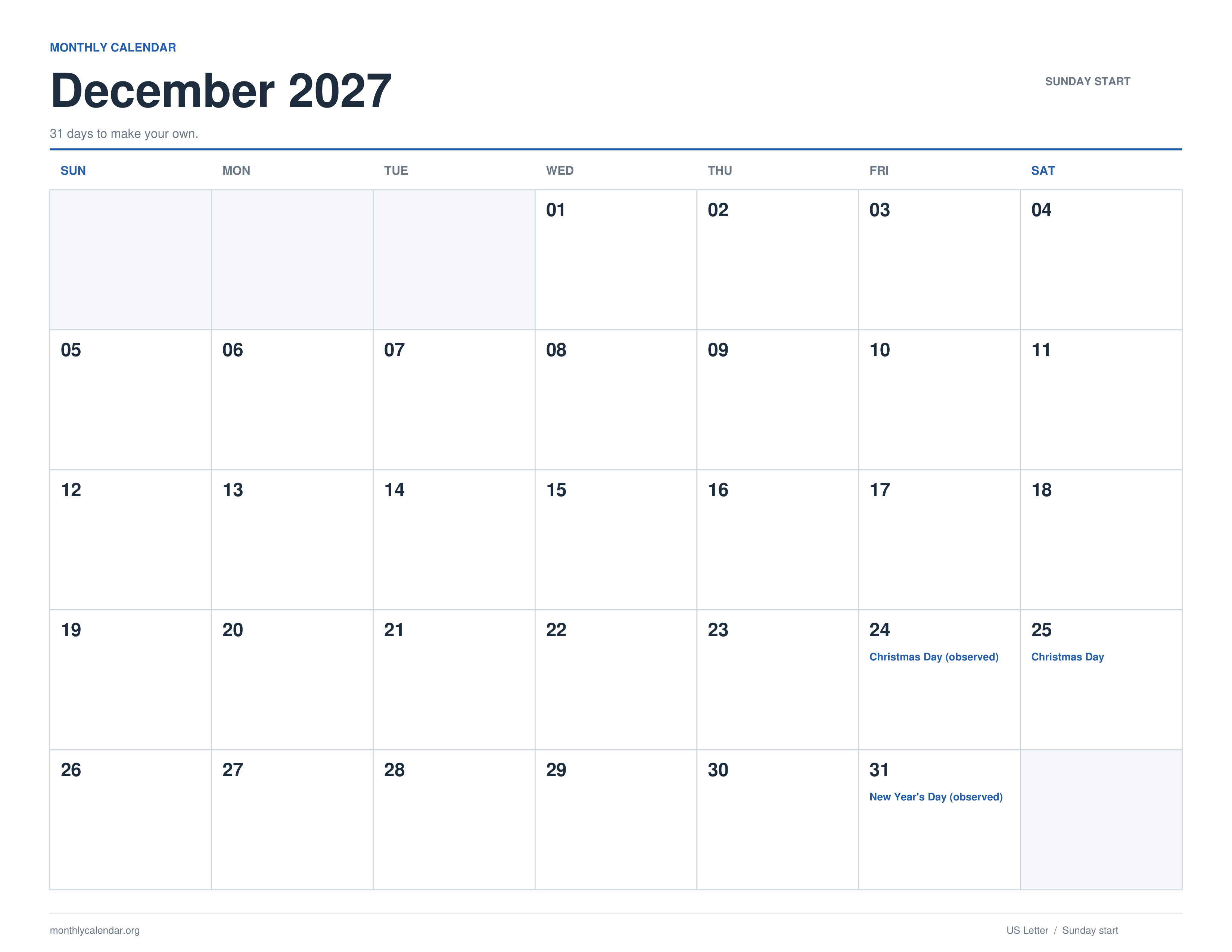 December 2027 printable calendar with Sunday start and US federal holiday labels
