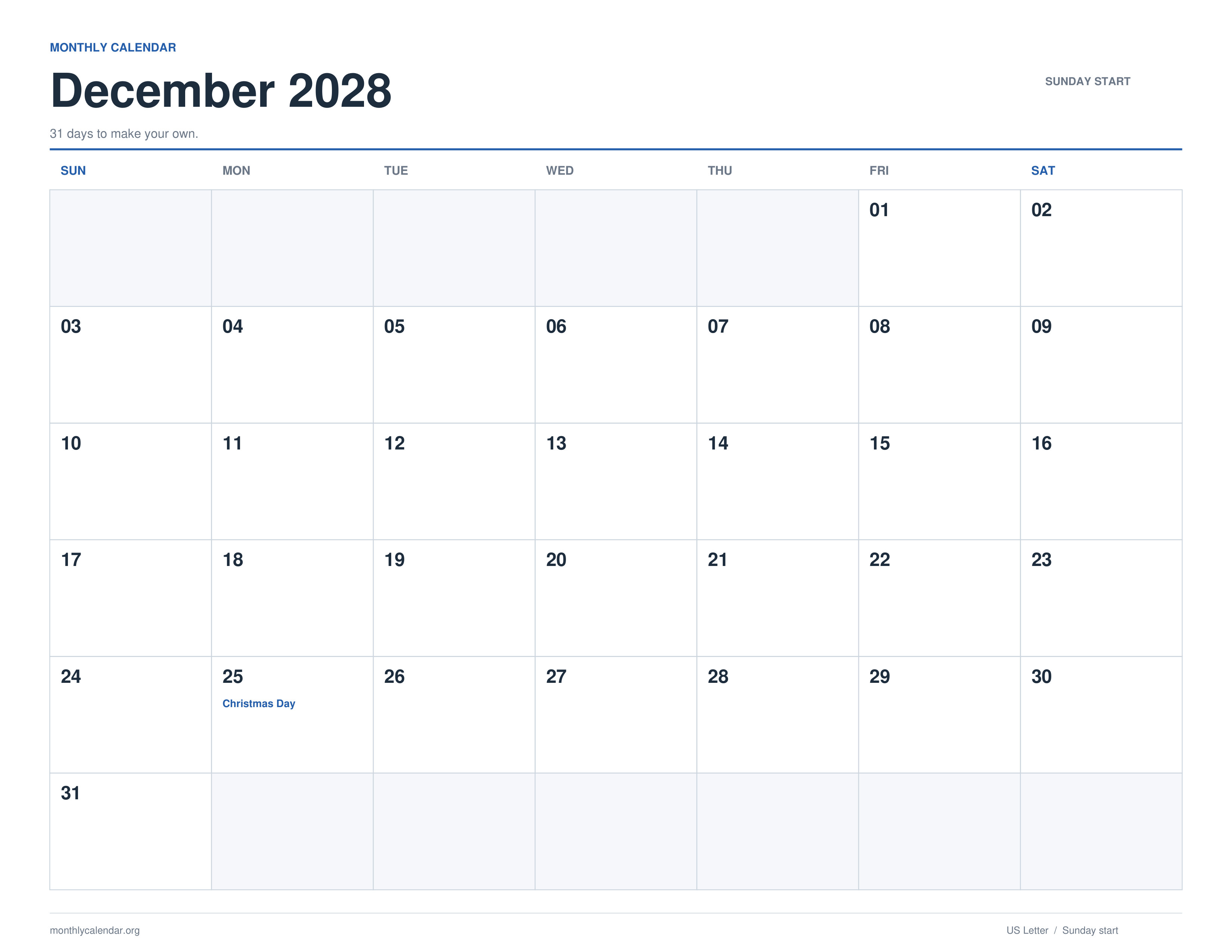 December 2028 printable calendar with Sunday start and US federal holiday labels
