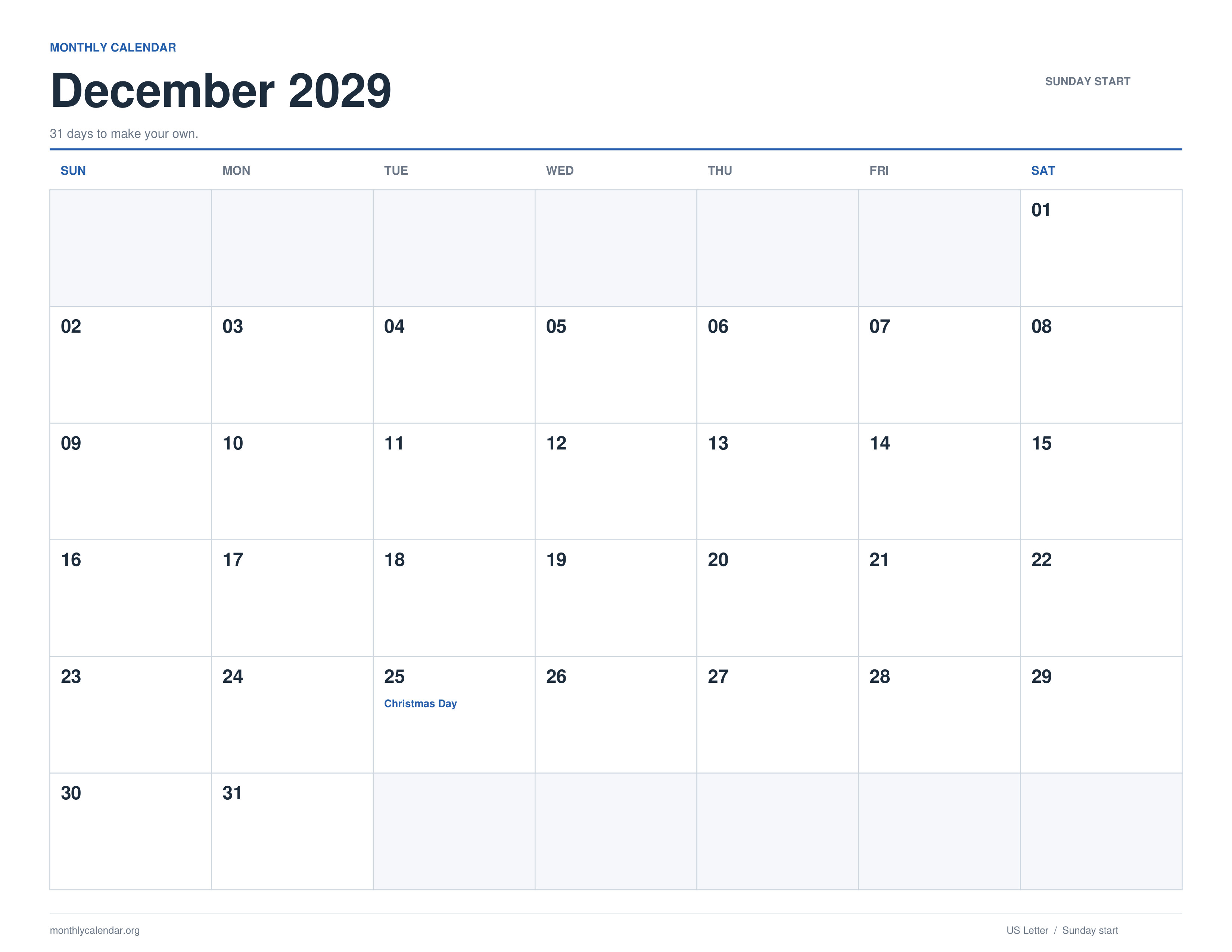 December 2029 printable calendar with Sunday start and US federal holiday labels