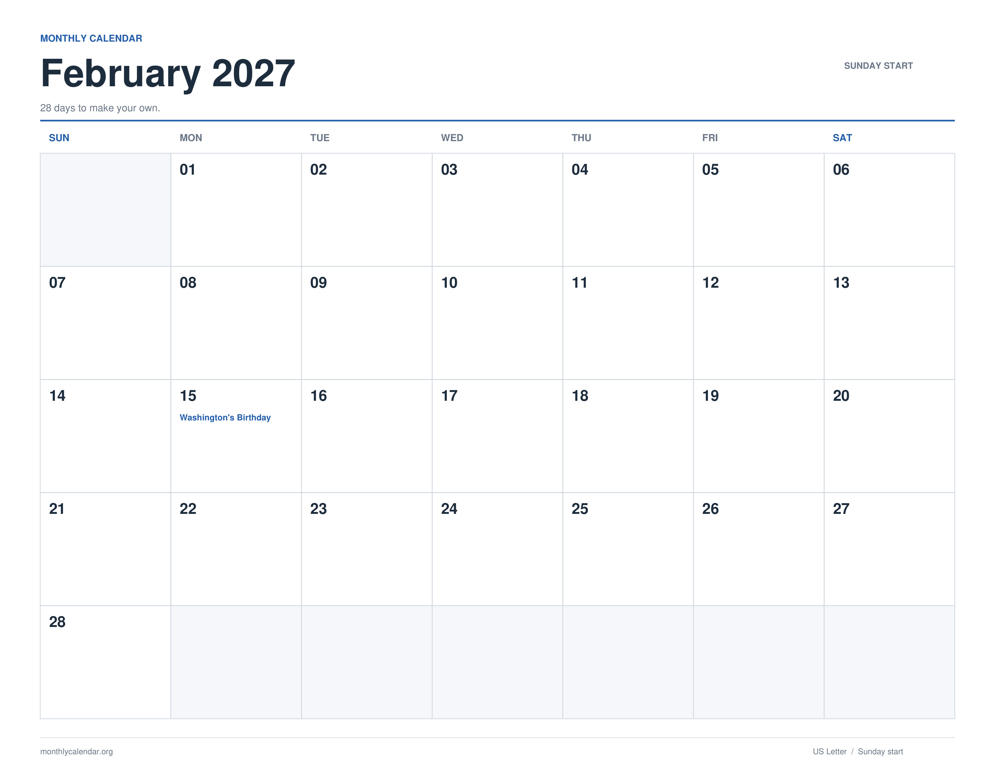 February 2027 printable calendar with Sunday start and US federal holiday labels
