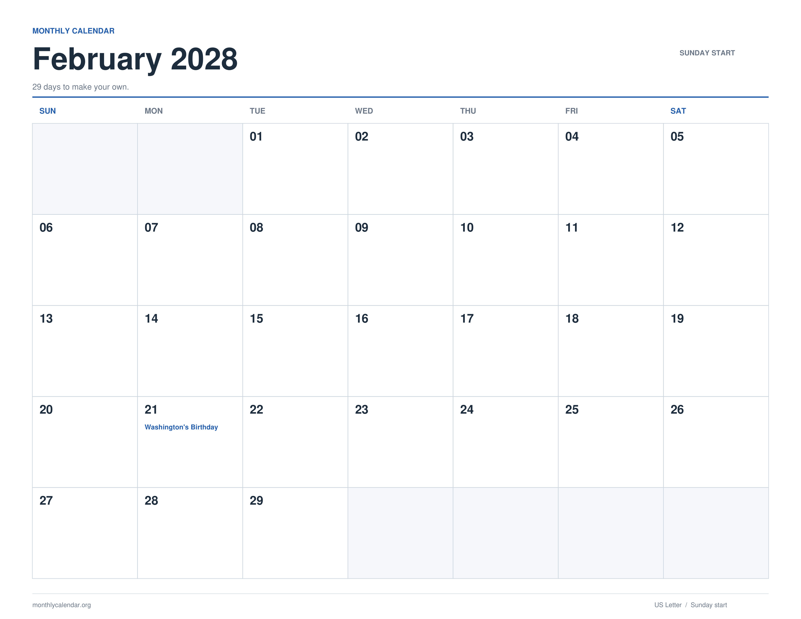 February 2028 printable calendar with Sunday start and US federal holiday labels