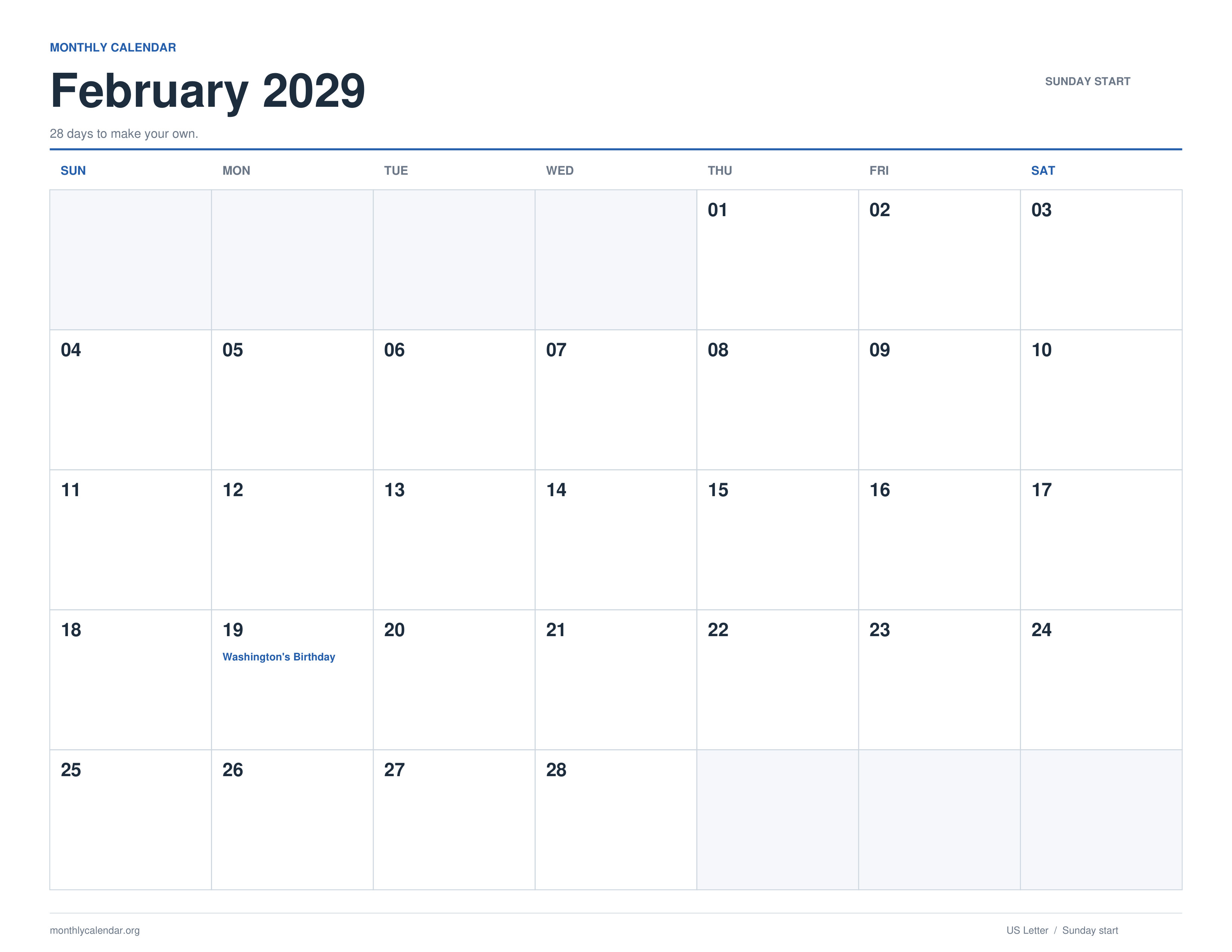February 2029 printable calendar with Sunday start and US federal holiday labels