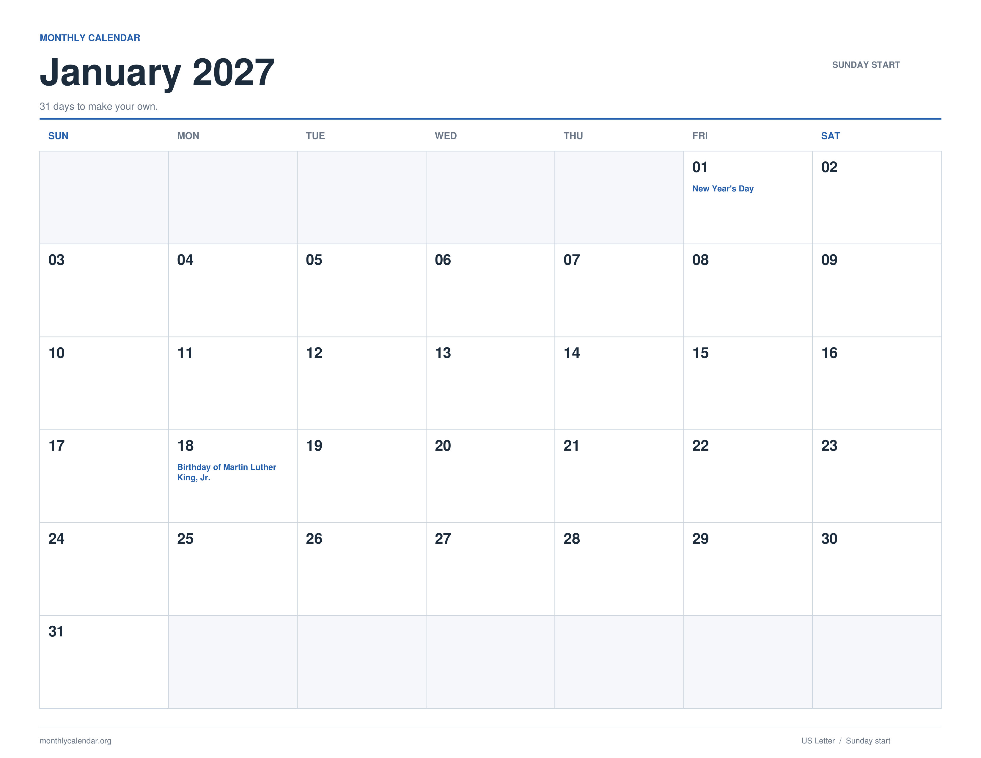 January 2027 printable calendar with Sunday start and US federal holiday labels