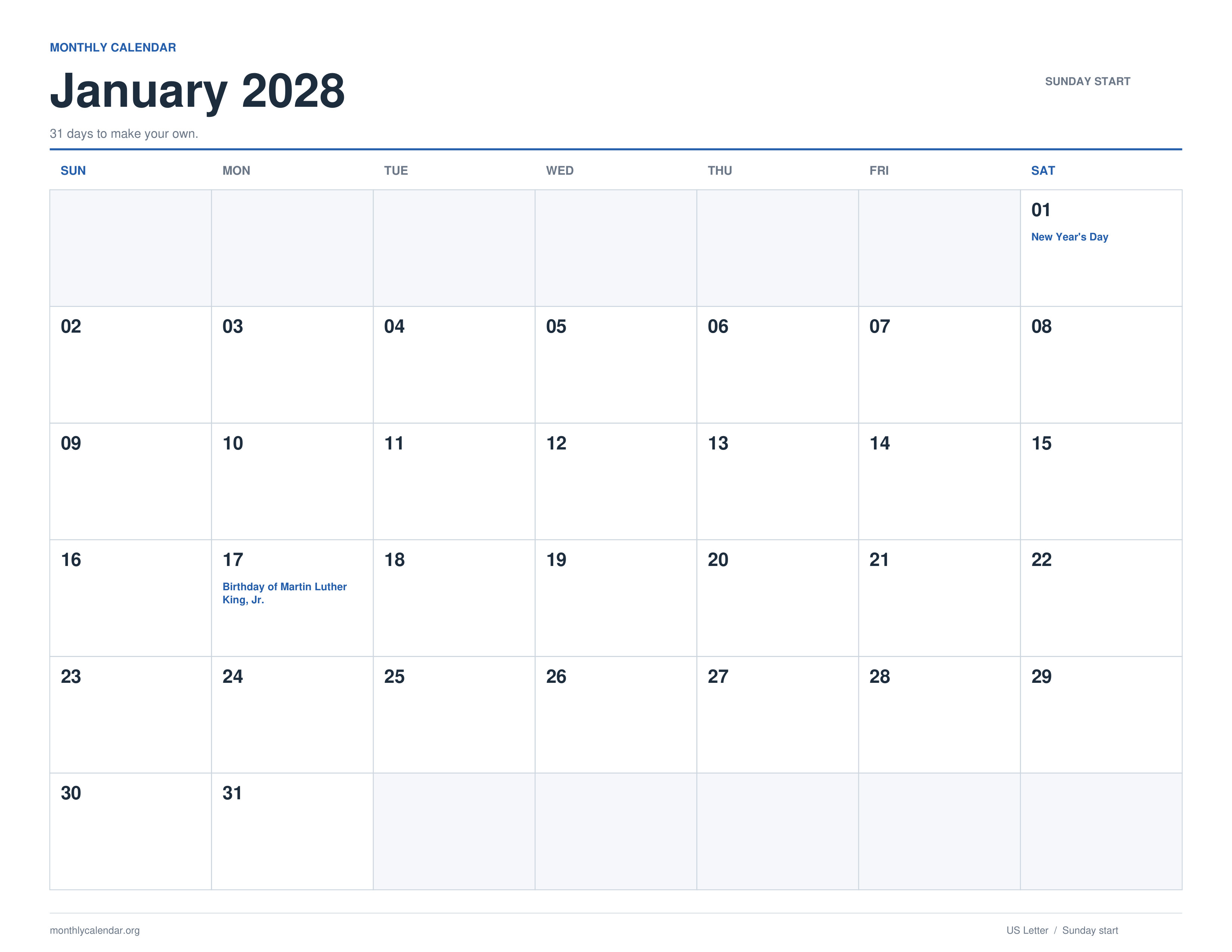 January 2028 printable calendar with Sunday start and US federal holiday labels