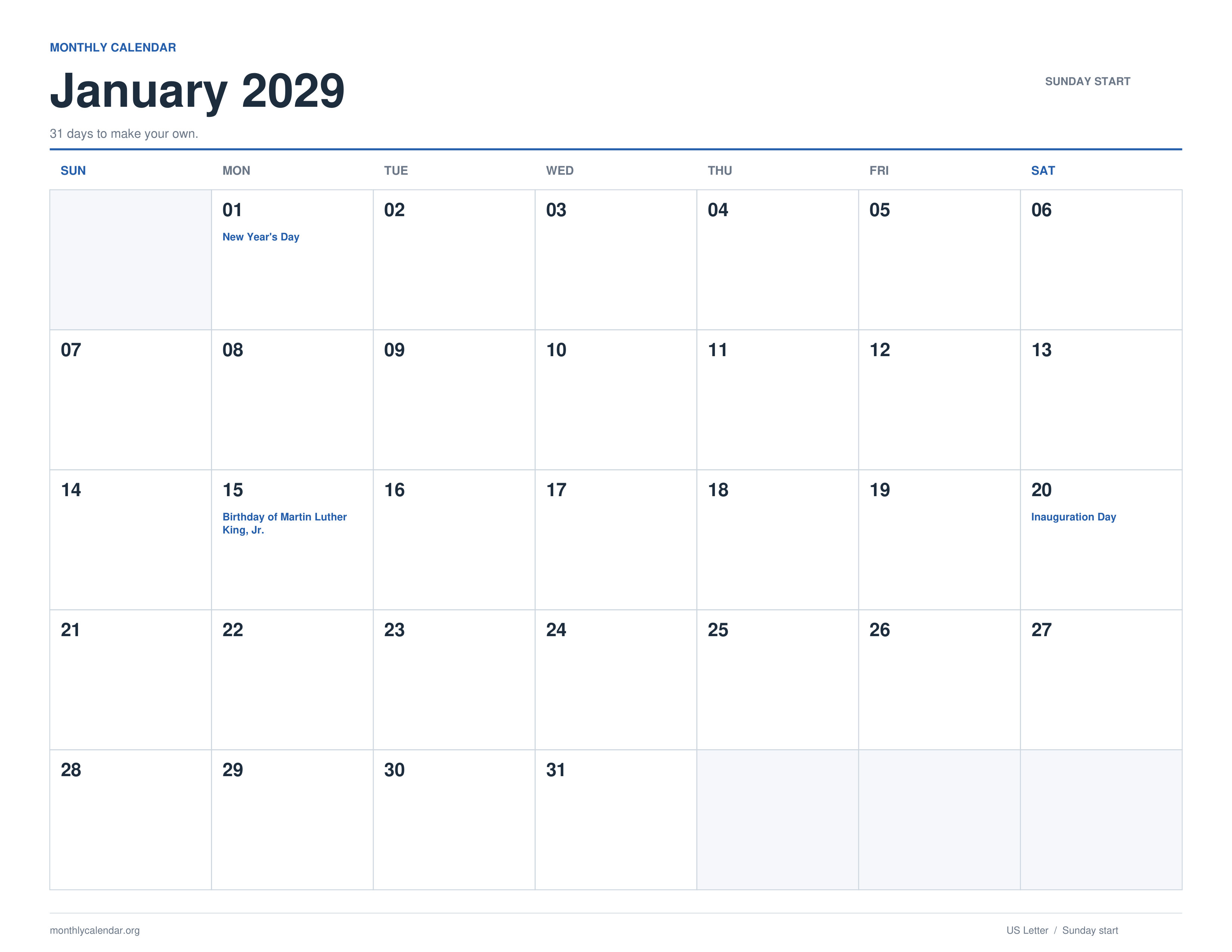 January 2029 printable calendar with Sunday start and US federal holiday labels