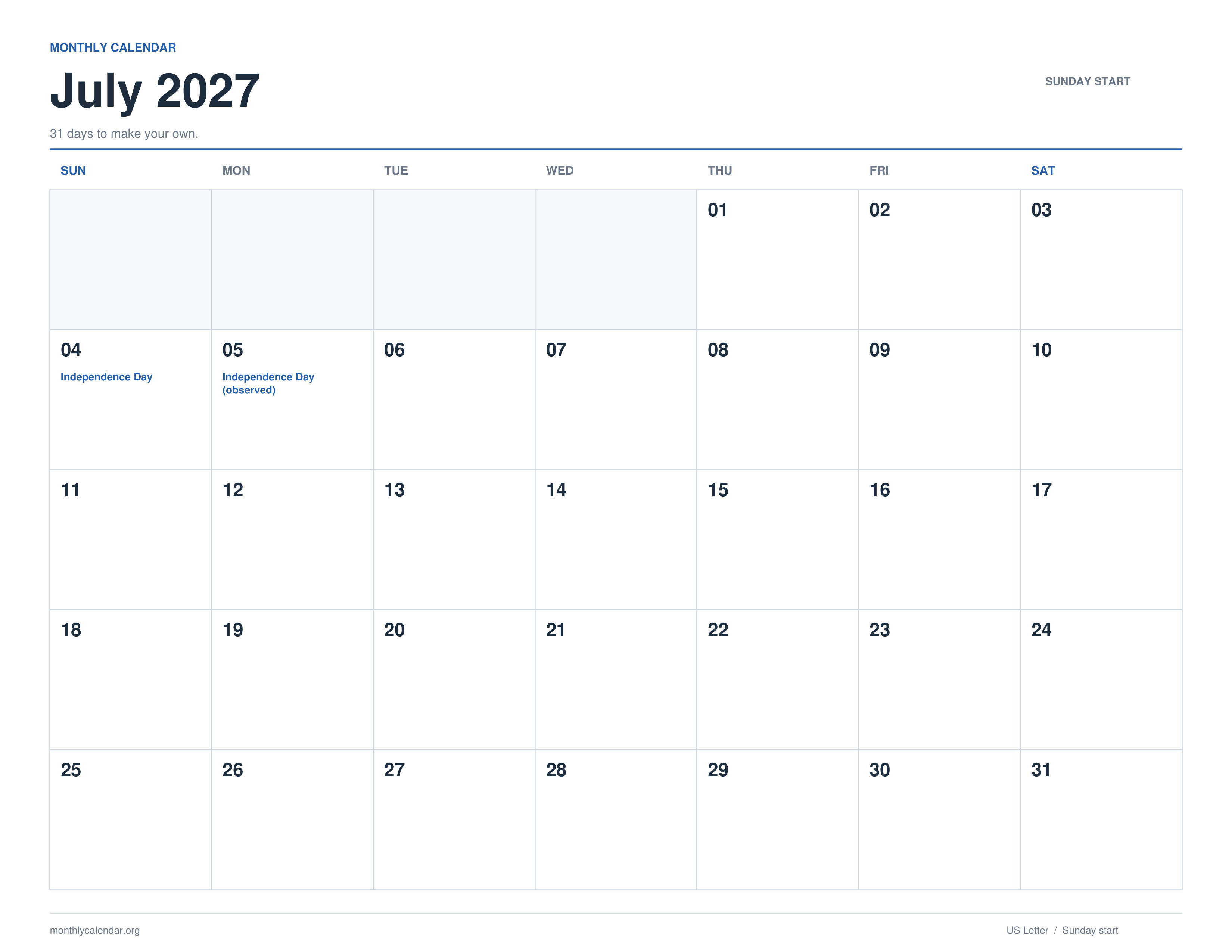 July 2027 printable calendar with Sunday start and US federal holiday labels