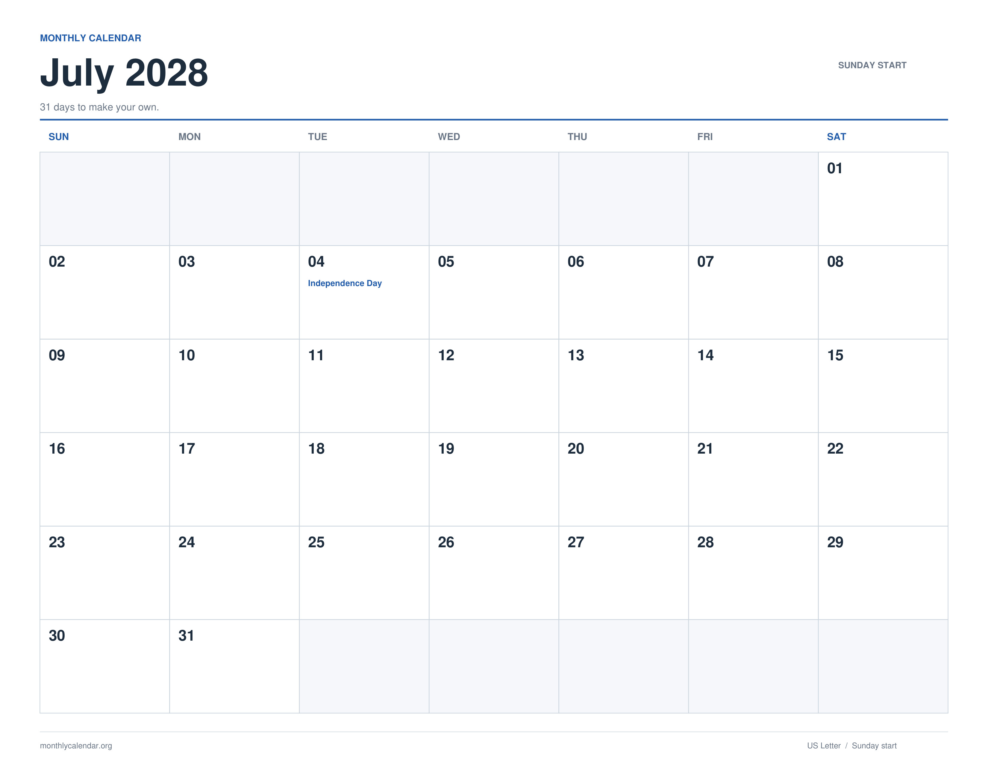 July 2028 printable calendar with Sunday start and US federal holiday labels