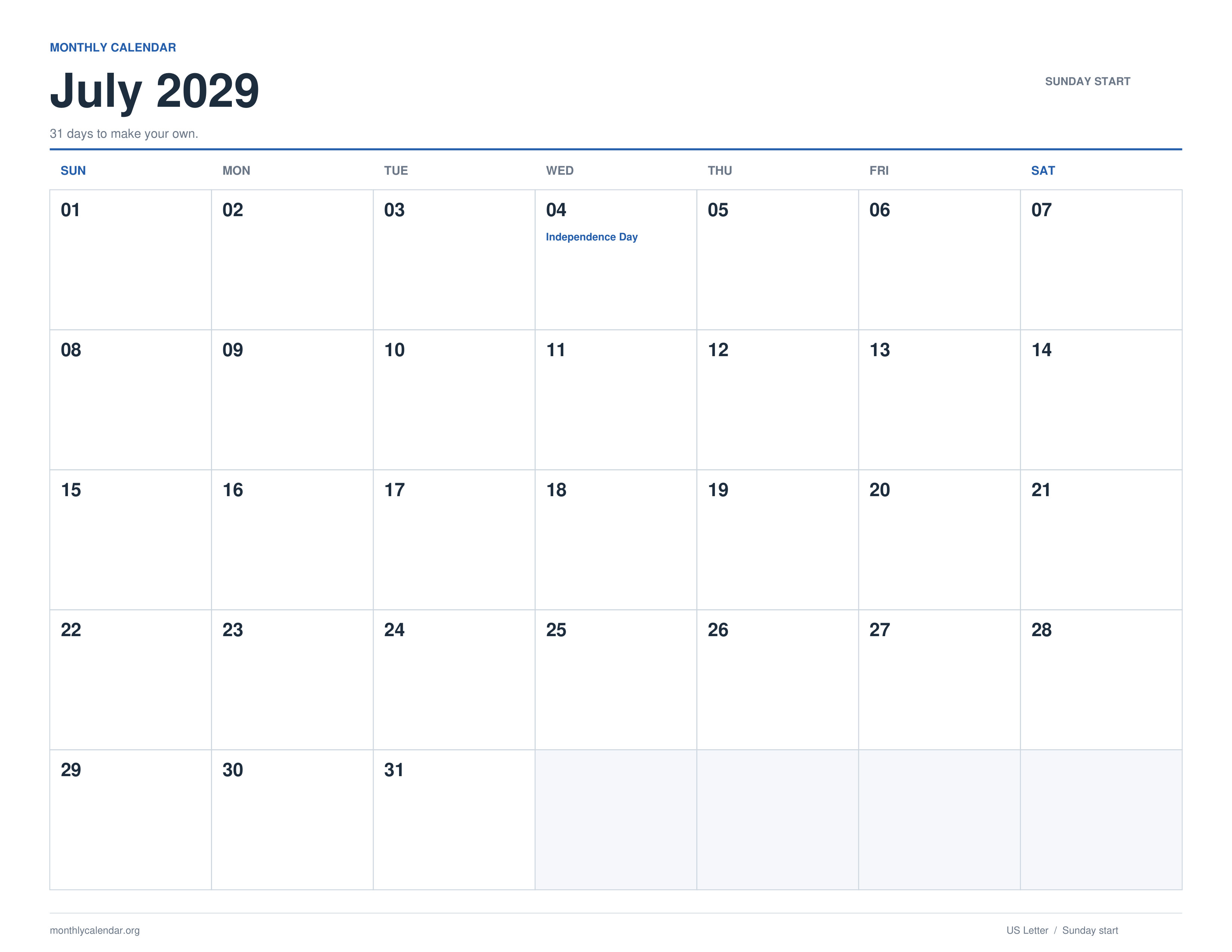 July 2029 printable calendar with Sunday start and US federal holiday labels