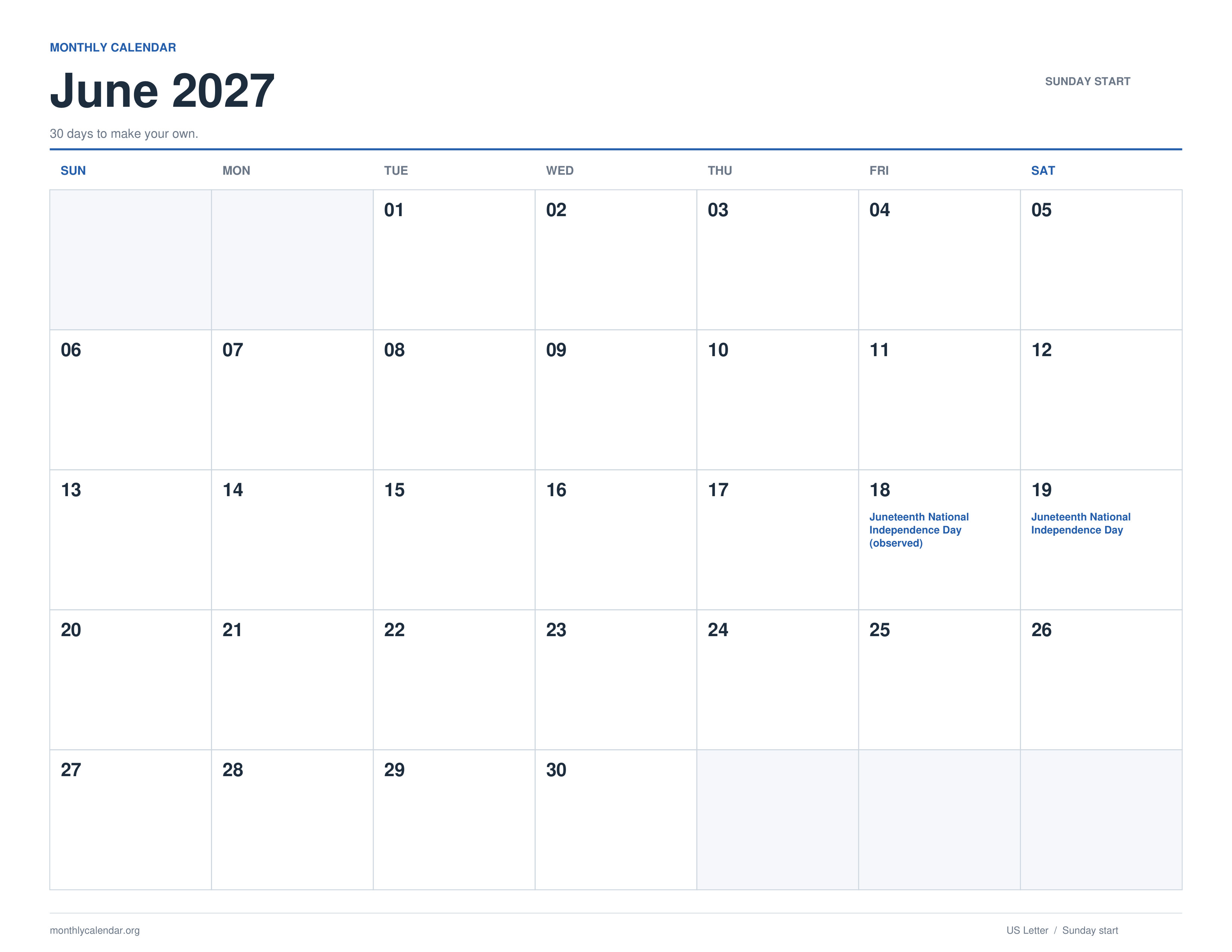 June 2027 printable calendar with Sunday start and US federal holiday labels