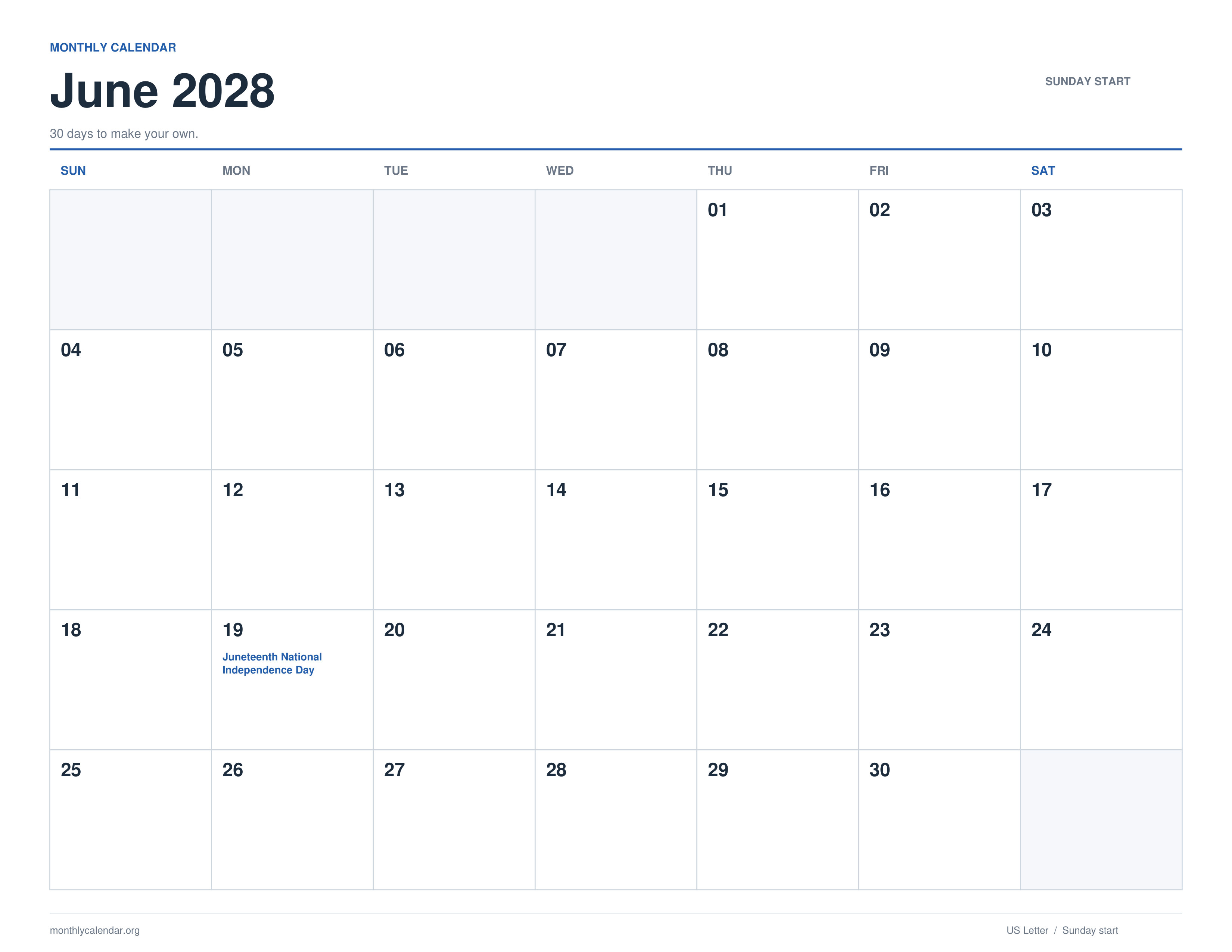 June 2028 printable calendar with Sunday start and US federal holiday labels