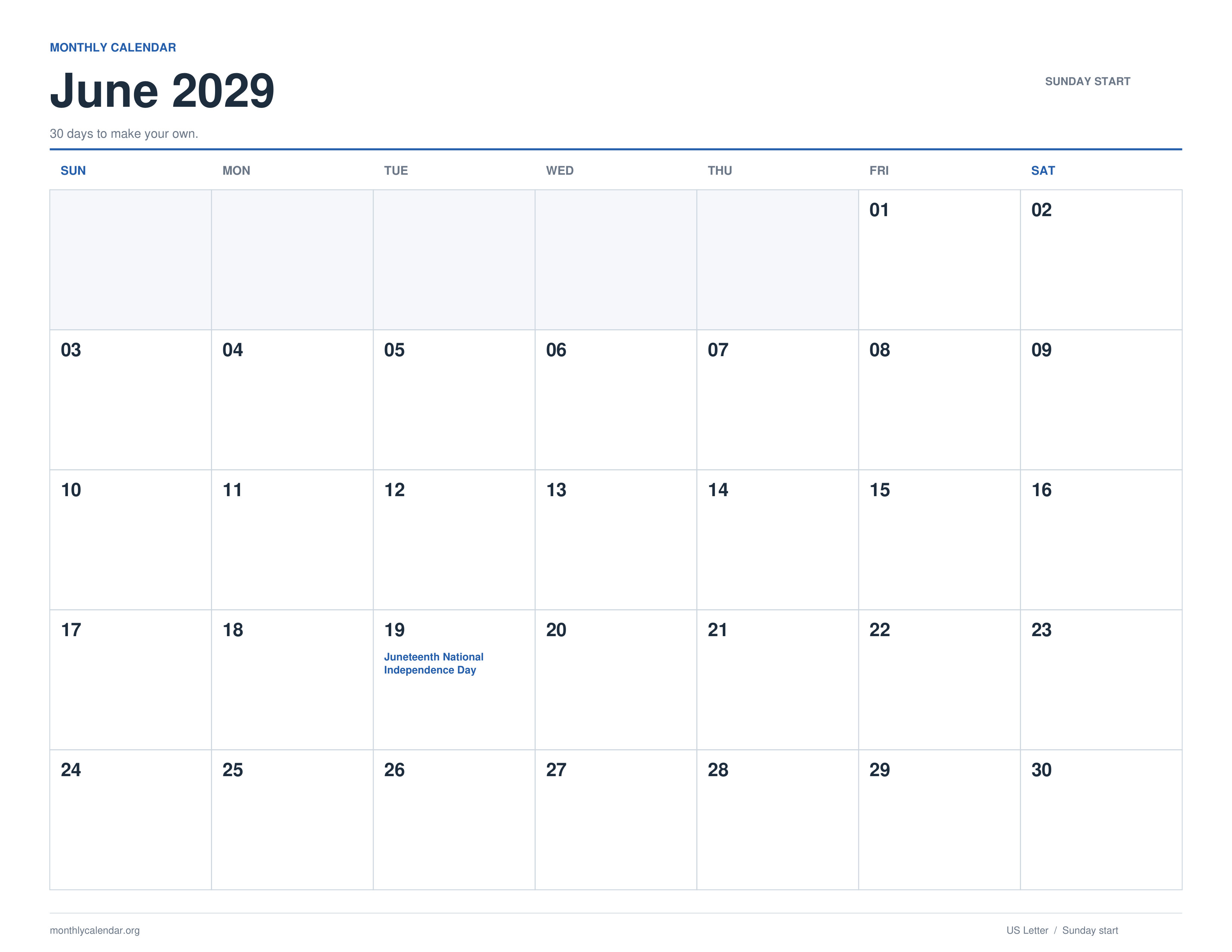 June 2029 printable calendar with Sunday start and US federal holiday labels