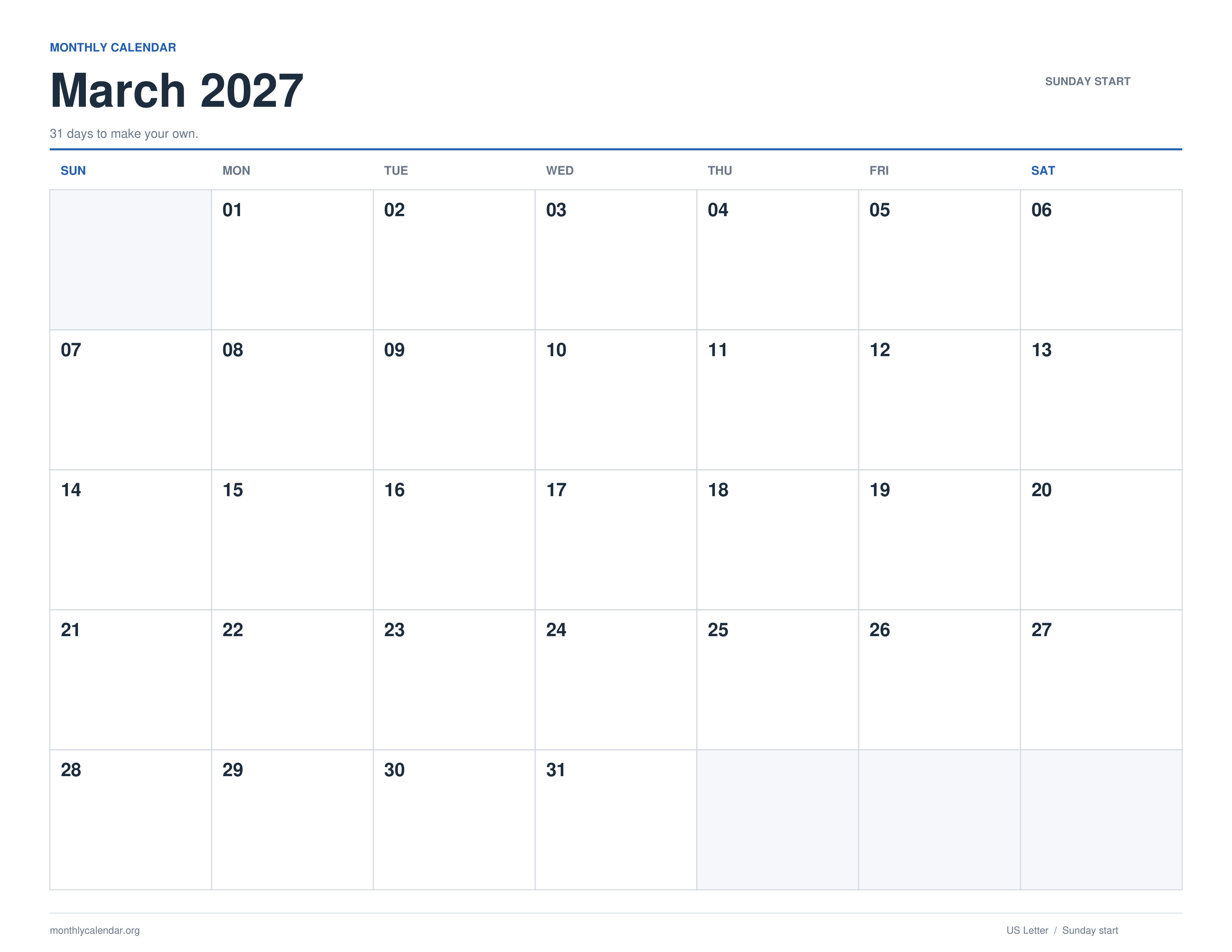 March 2027 printable calendar with Sunday start and US federal holiday labels