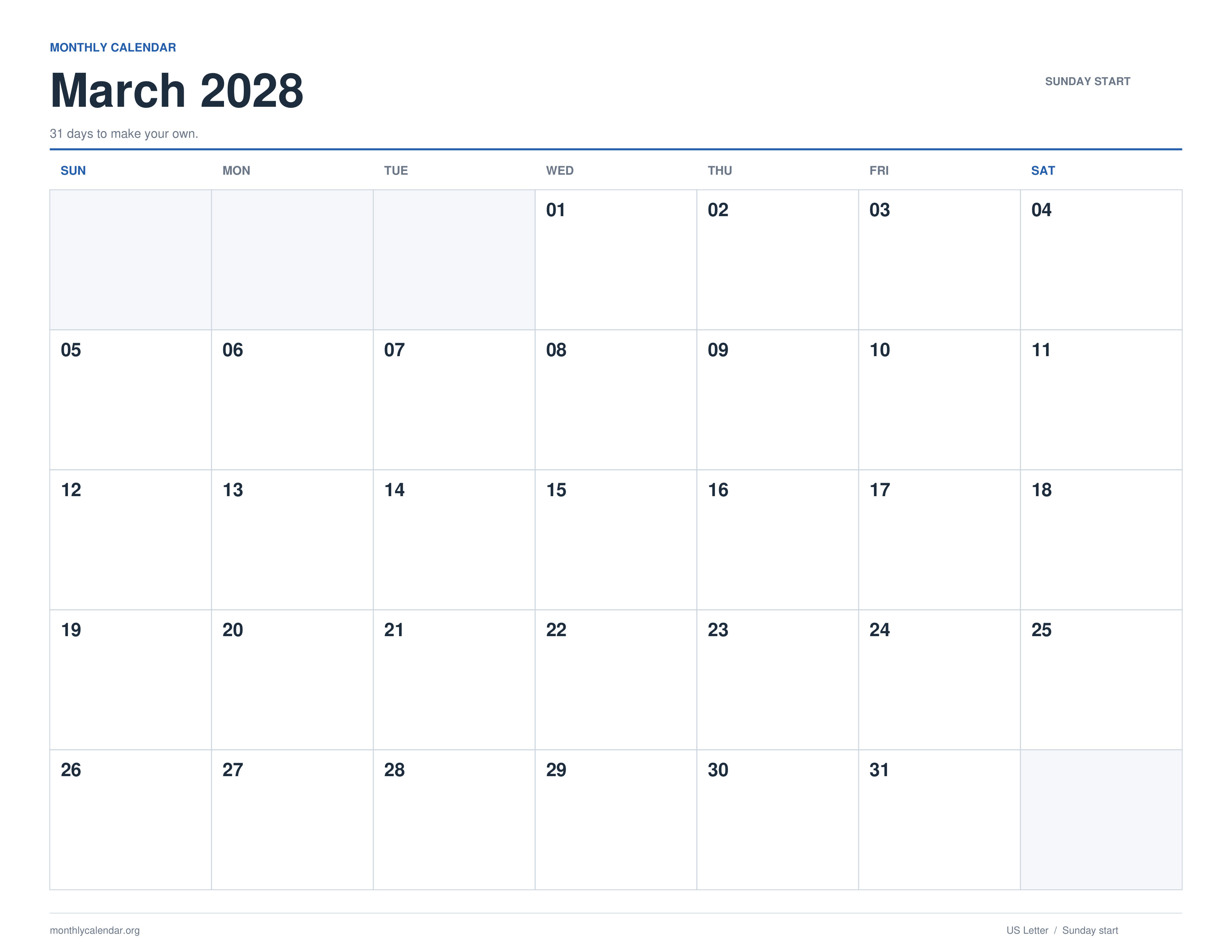 March 2028 printable calendar with Sunday start and US federal holiday labels