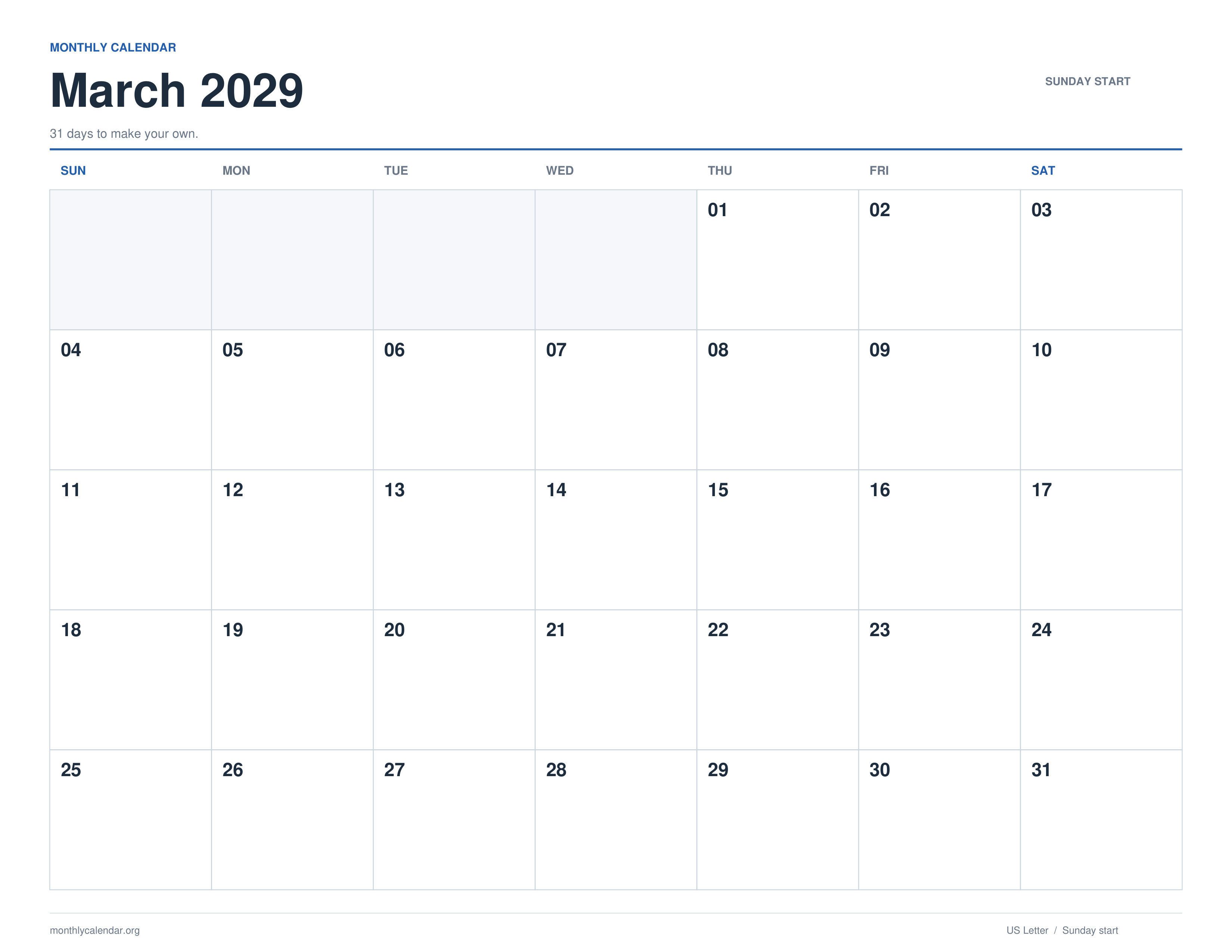 March 2029 printable calendar with Sunday start and US federal holiday labels