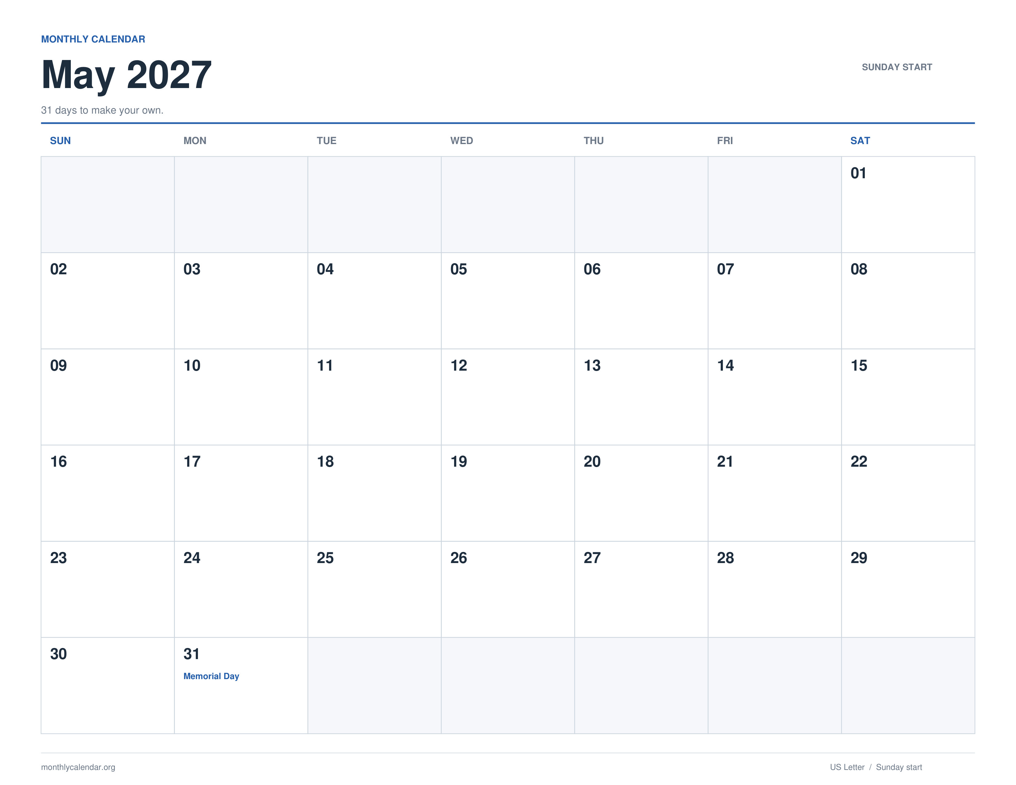 May 2027 printable calendar with Sunday start and US federal holiday labels