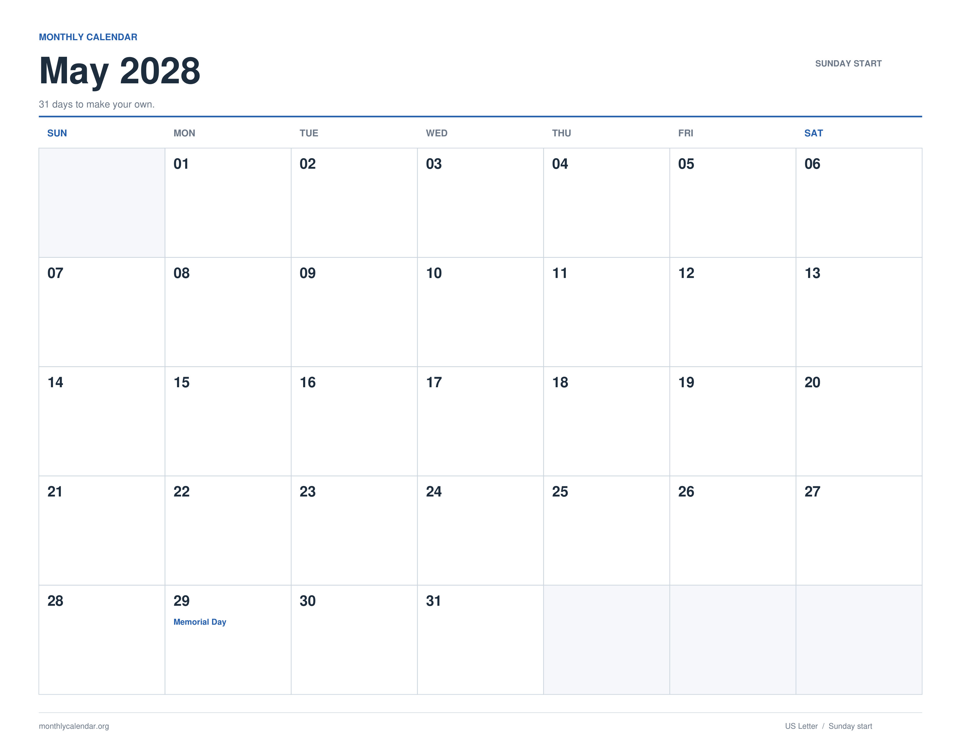 May 2028 printable calendar with Sunday start and US federal holiday labels