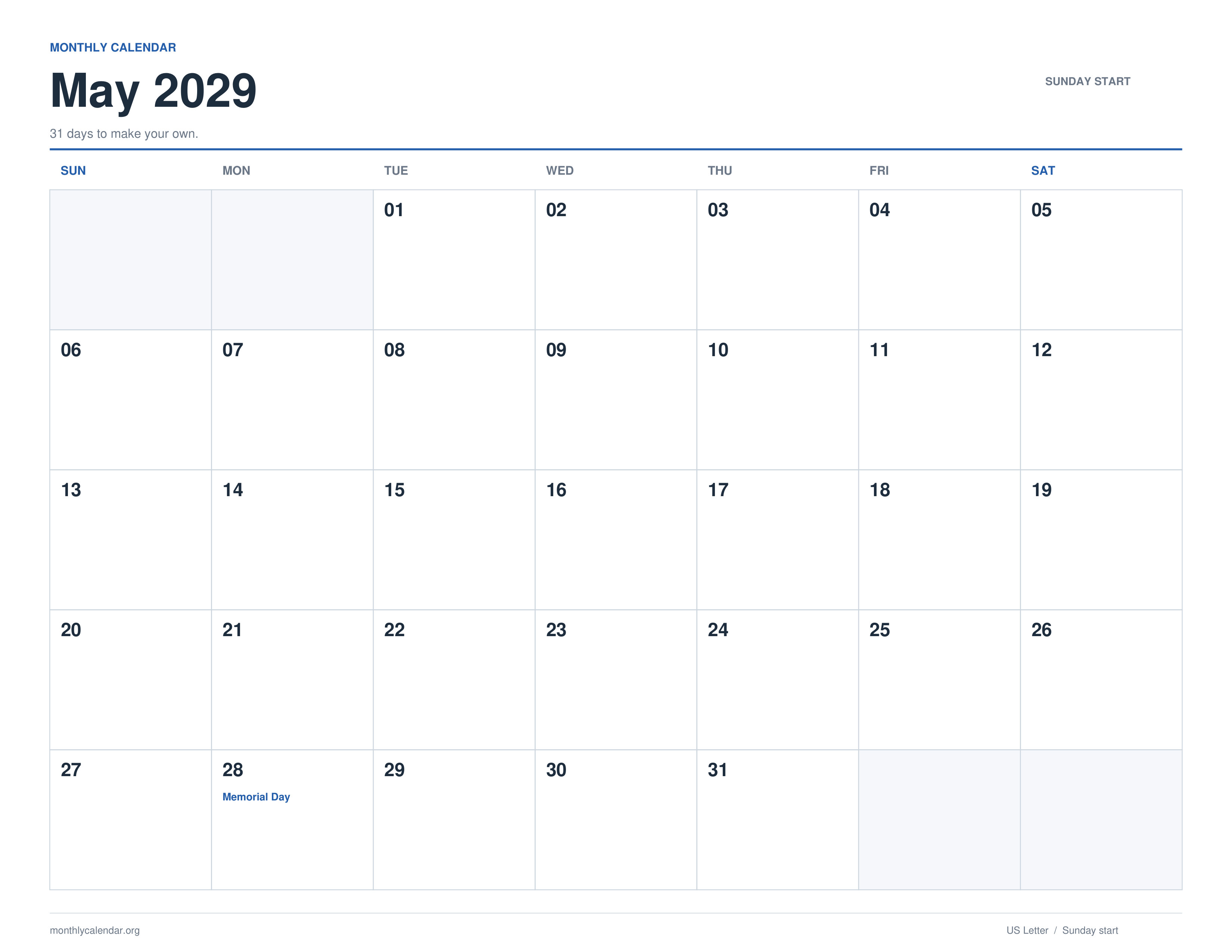May 2029 printable calendar with Sunday start and US federal holiday labels