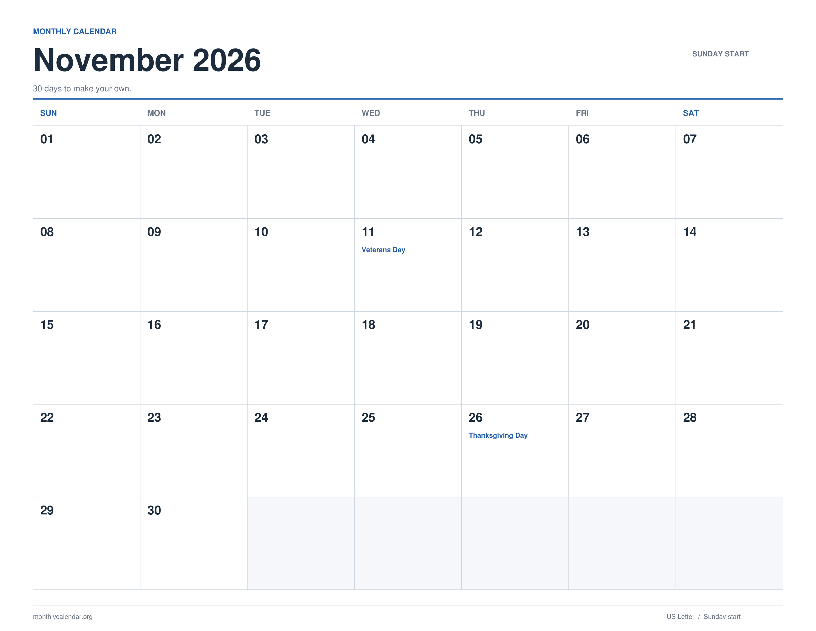 November 2026 printable calendar with Sunday start and US federal holiday labels