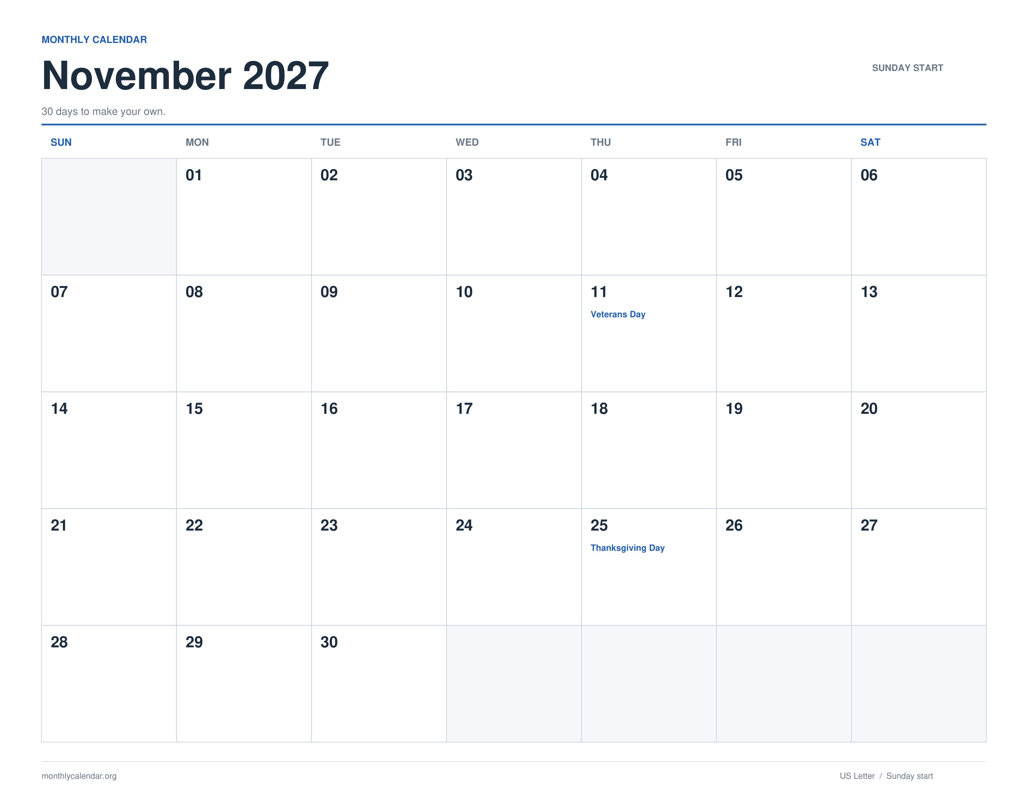 November 2027 printable calendar with Sunday start and US federal holiday labels