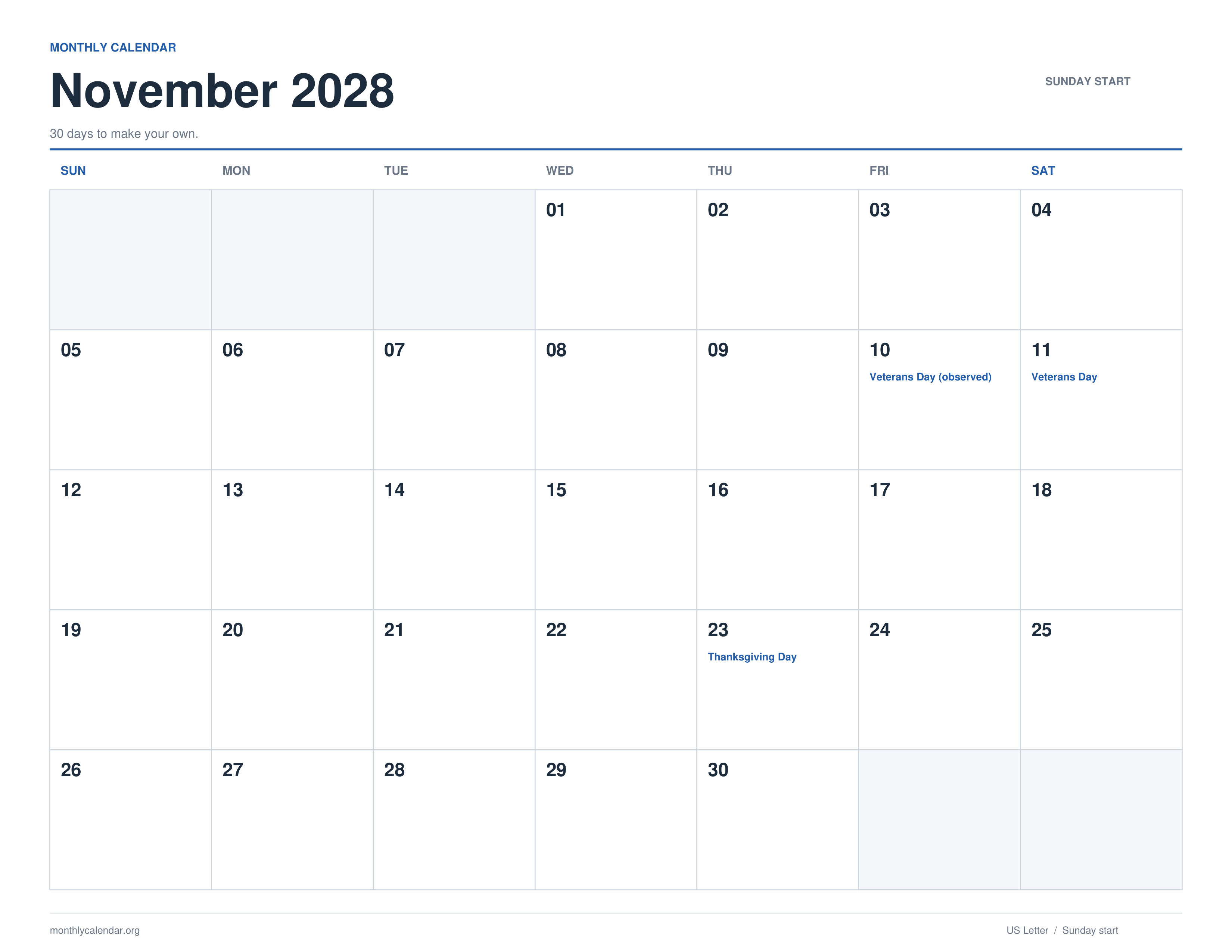 November 2028 printable calendar with Sunday start and US federal holiday labels