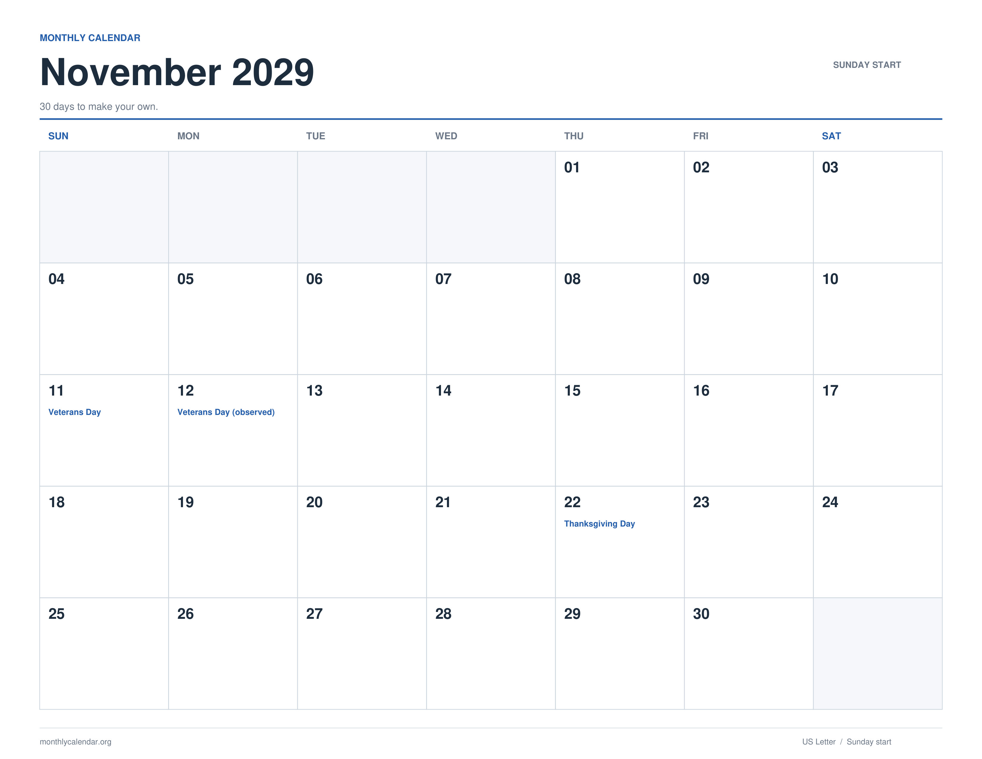 November 2029 printable calendar with Sunday start and US federal holiday labels