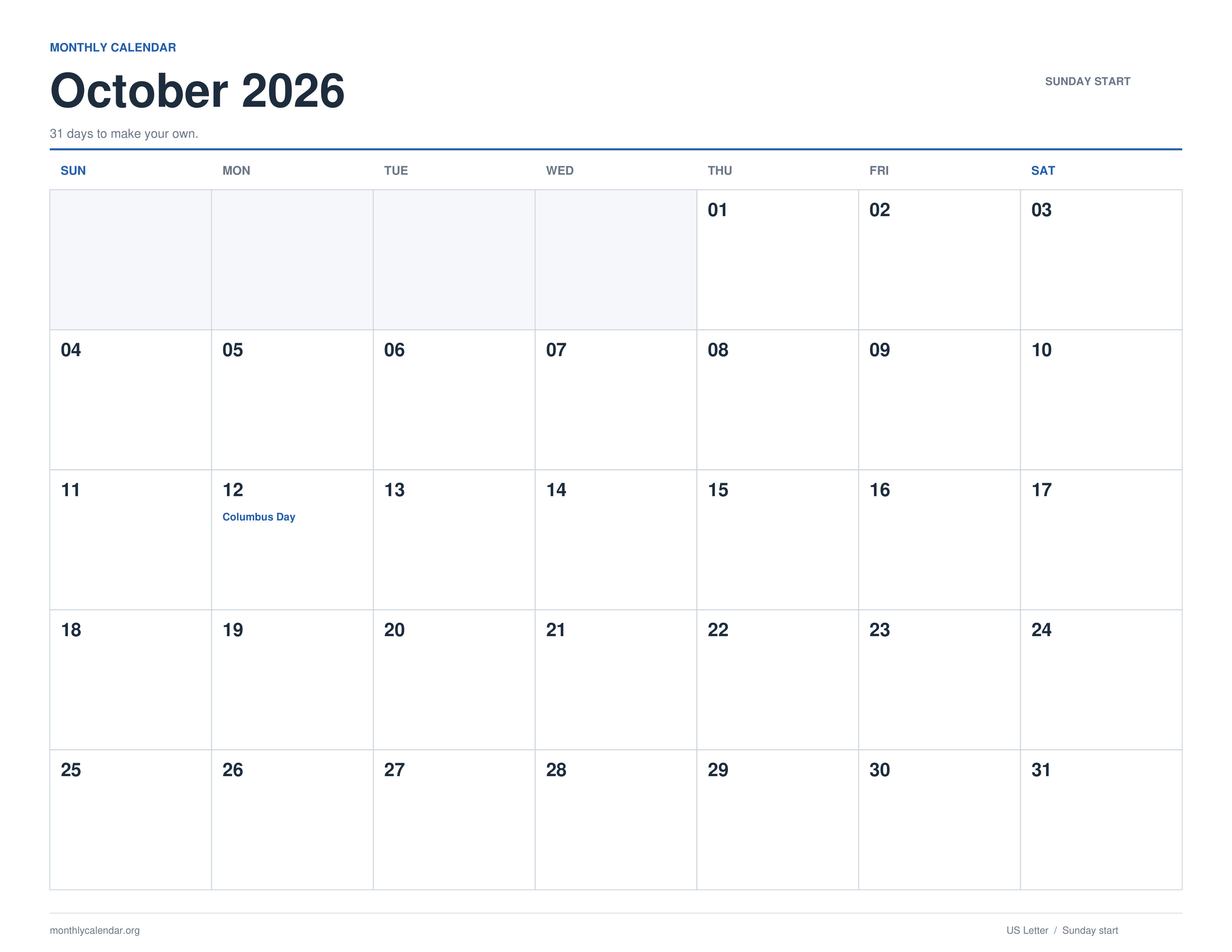 October 2026 printable calendar with Sunday start and US federal holiday labels