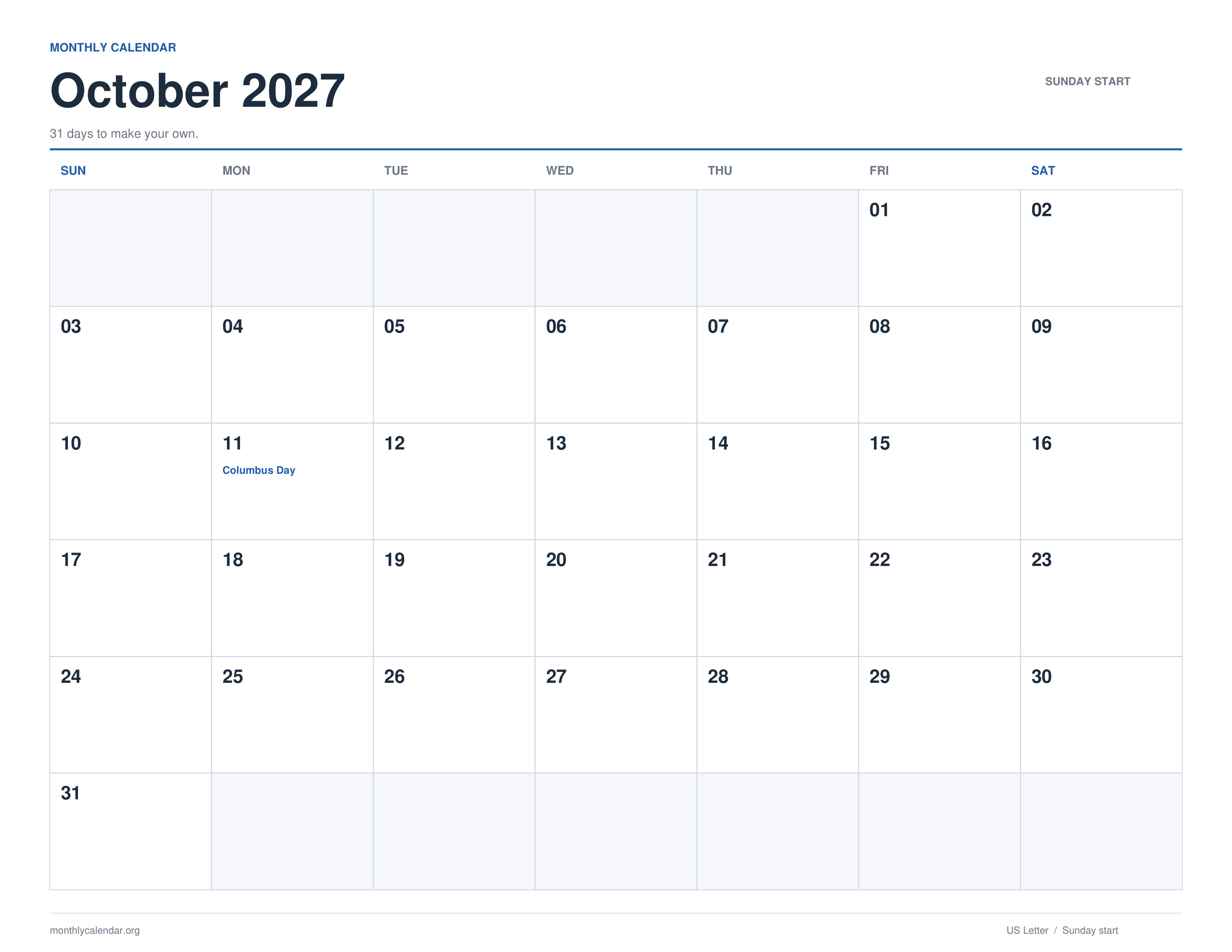 October 2027 printable calendar with Sunday start and US federal holiday labels