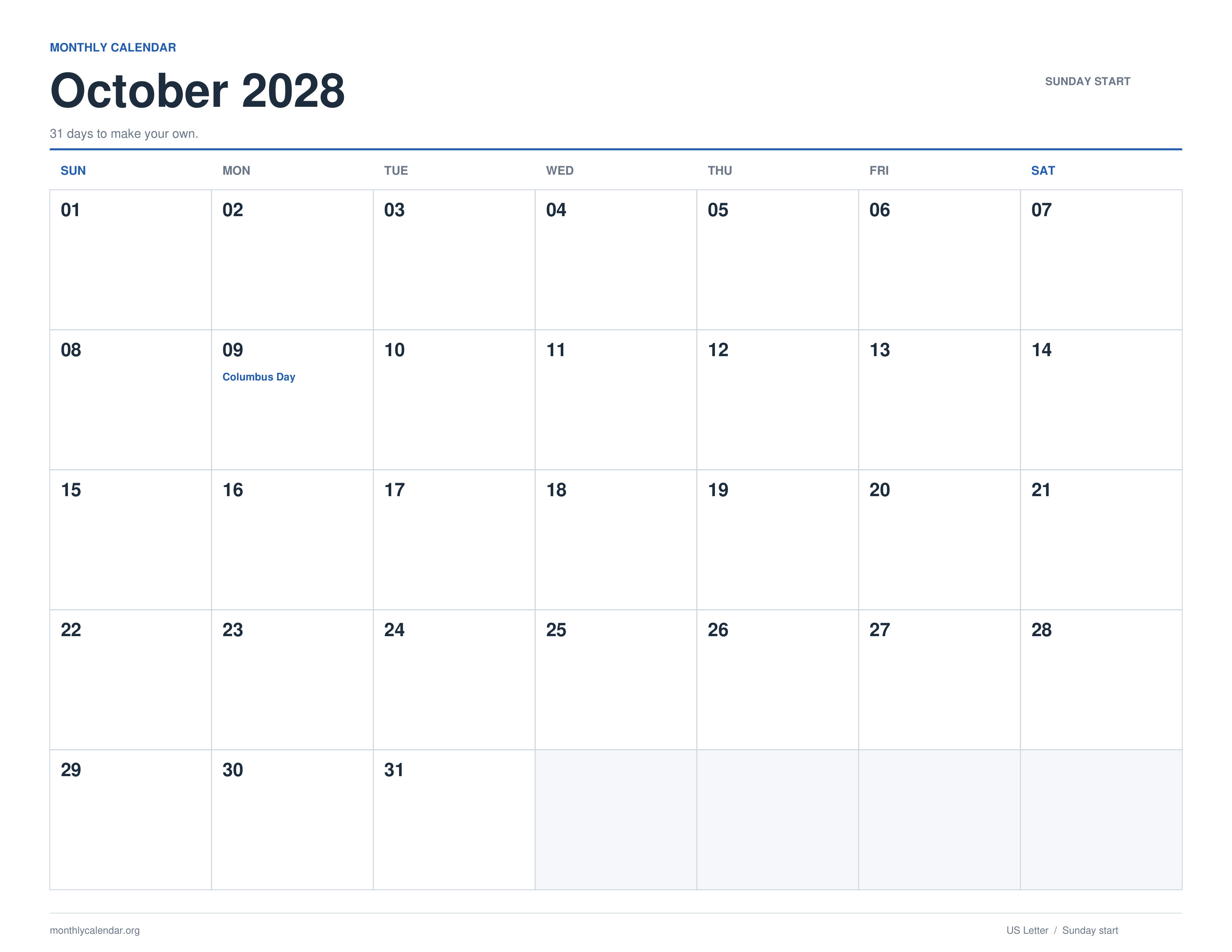 October 2028 printable calendar with Sunday start and US federal holiday labels