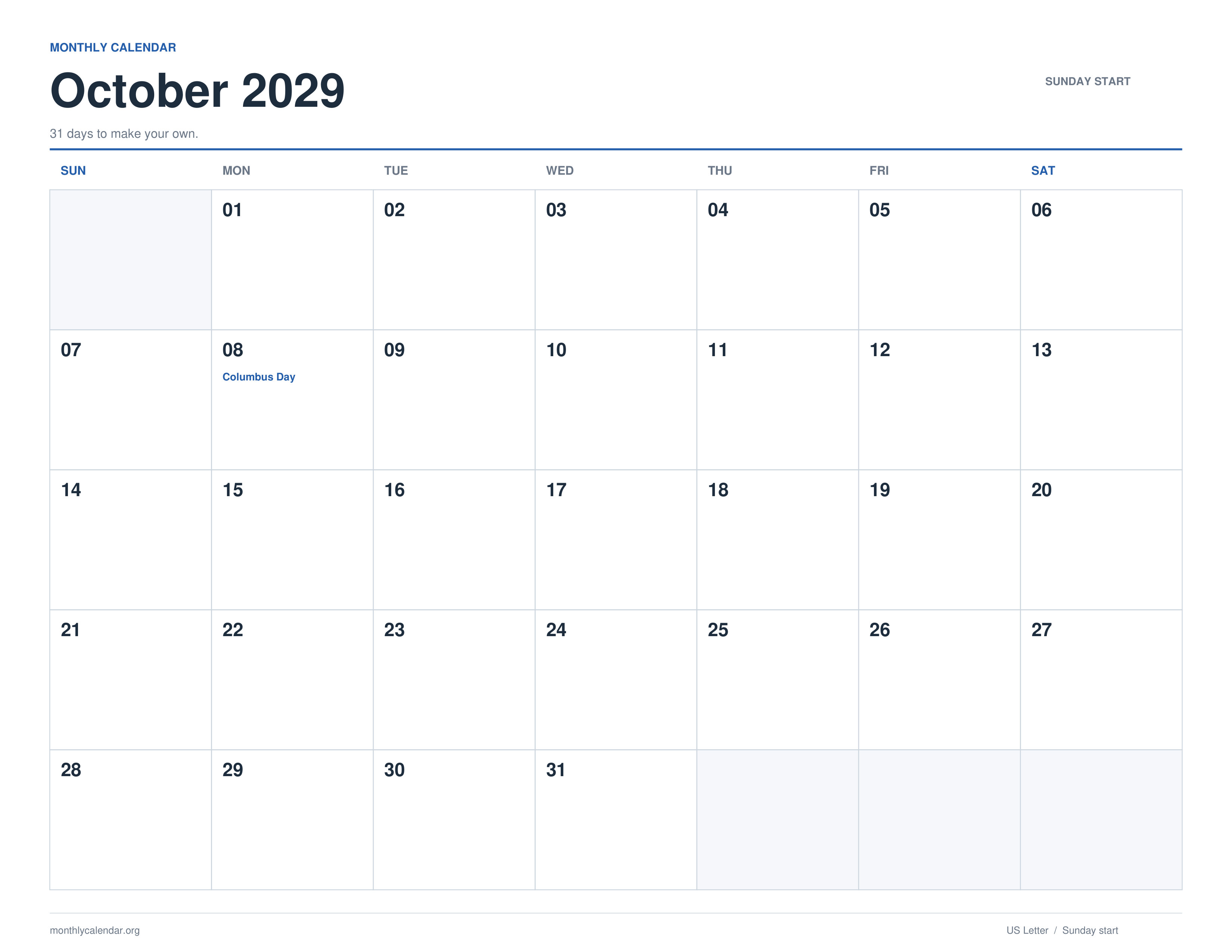 October 2029 printable calendar with Sunday start and US federal holiday labels