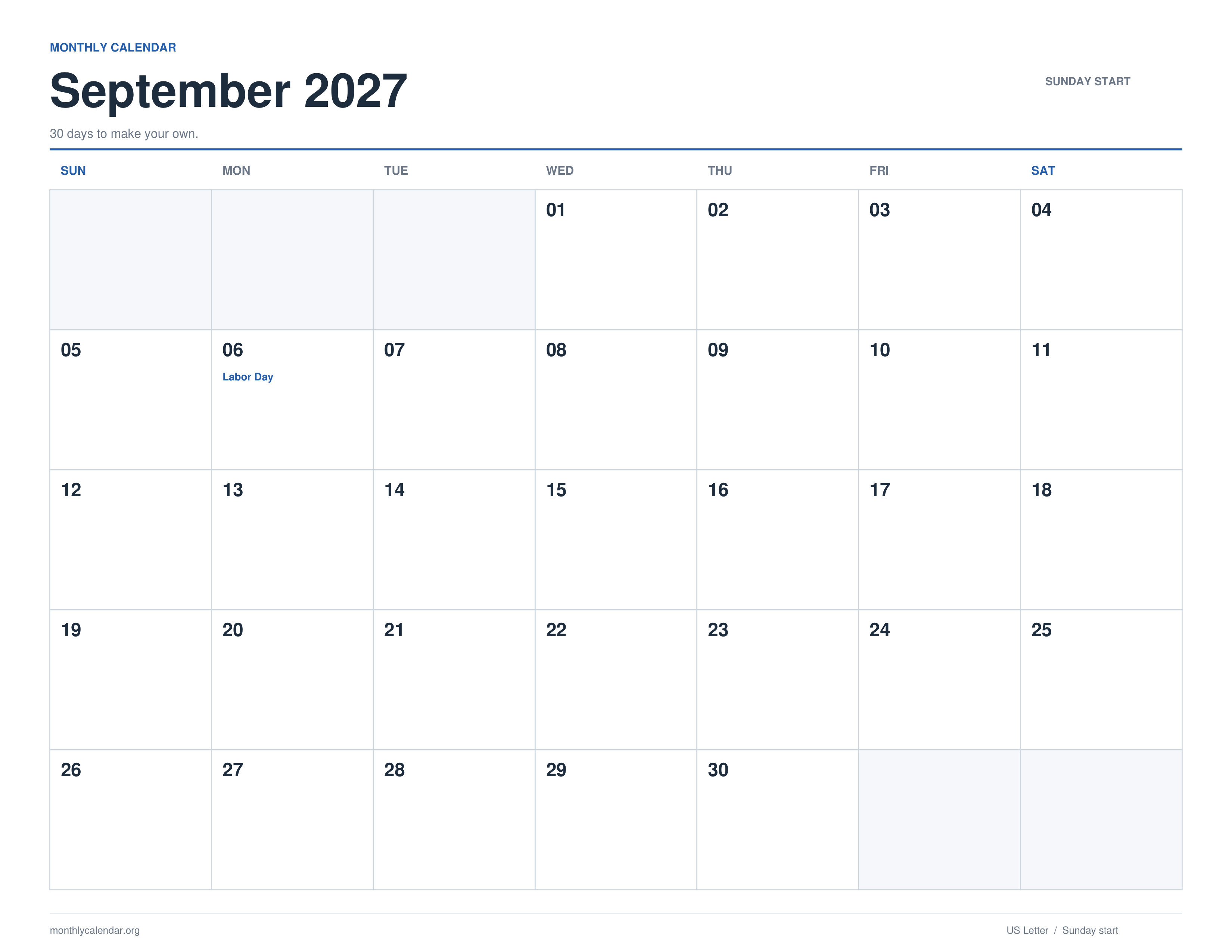 September 2027 printable calendar with Sunday start and US federal holiday labels