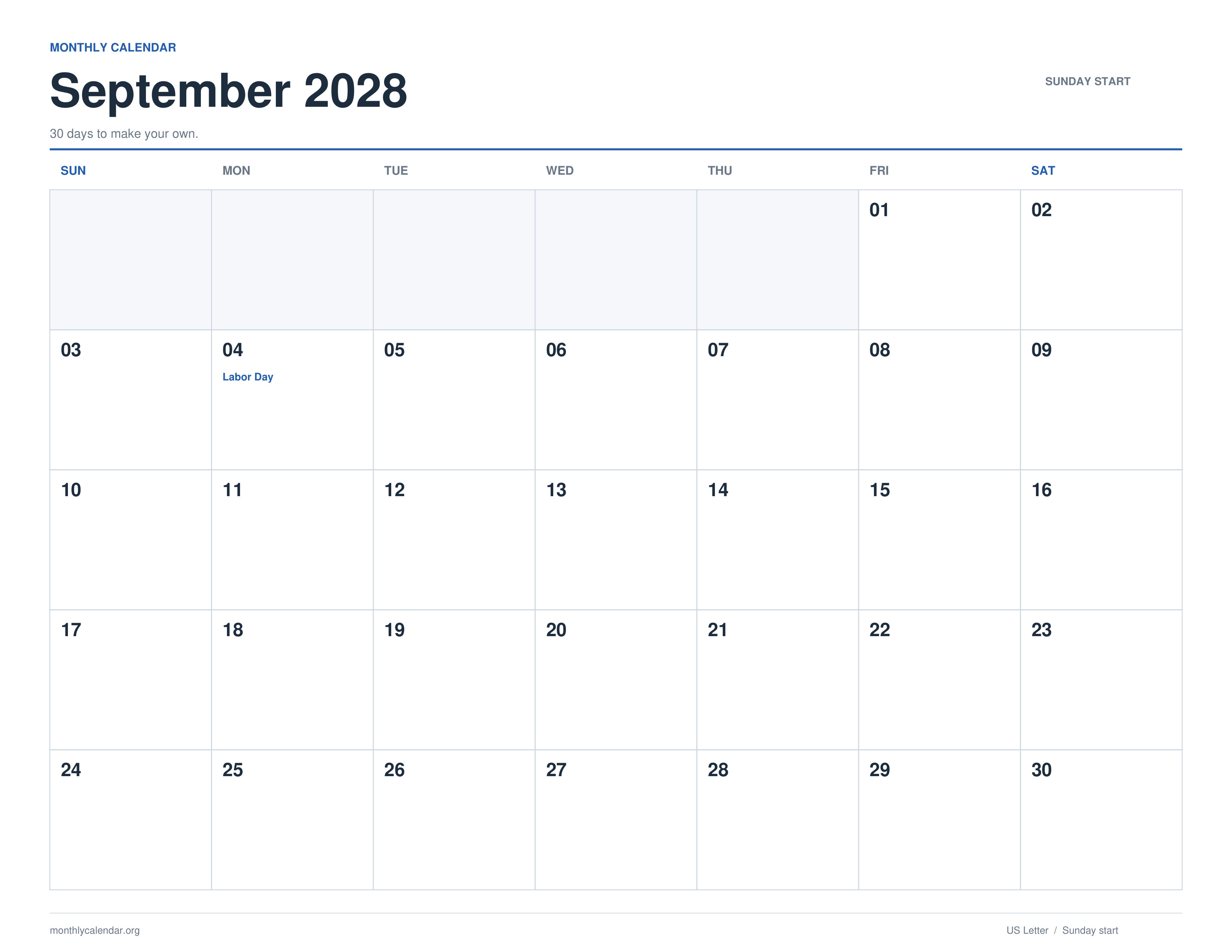 September 2028 printable calendar with Sunday start and US federal holiday labels