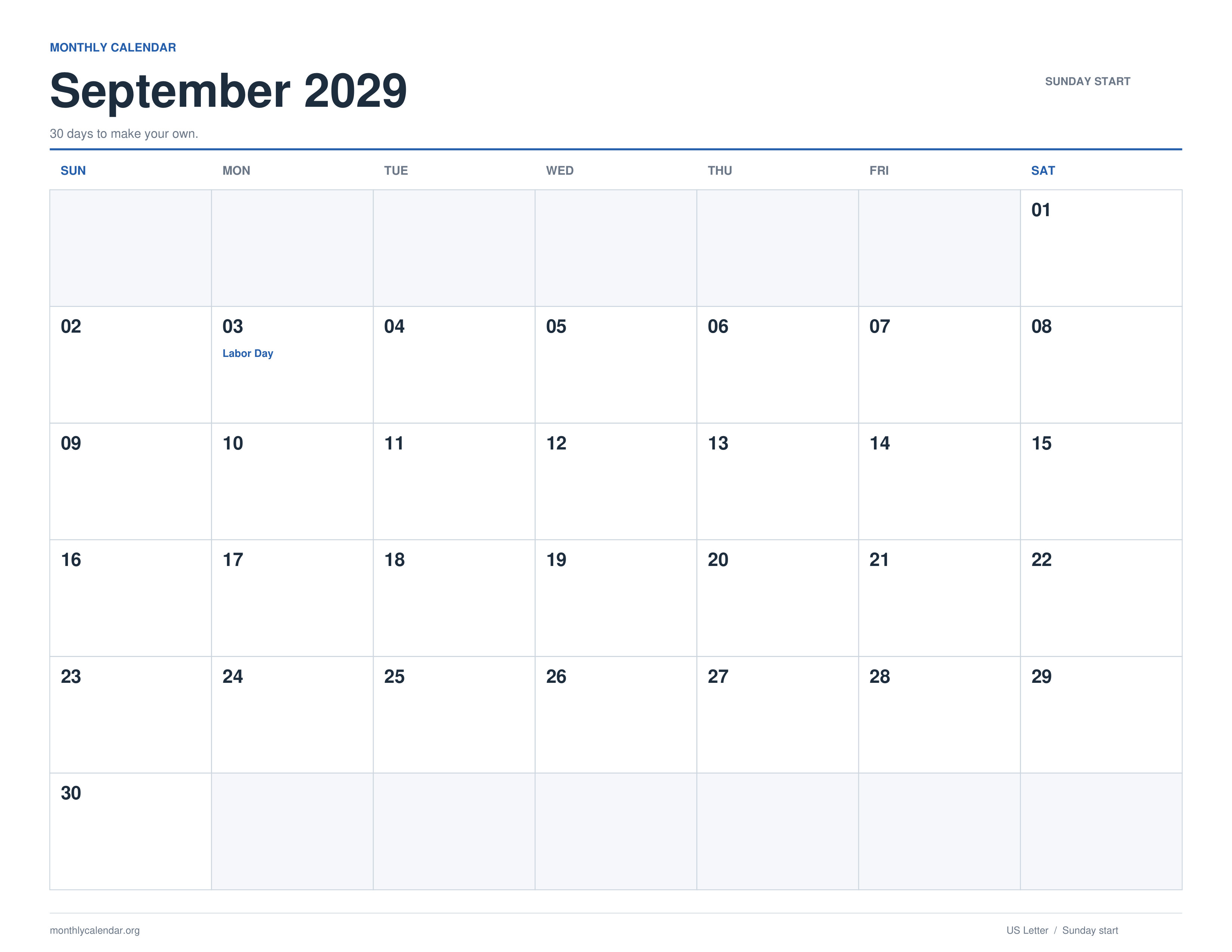 September 2029 printable calendar with Sunday start and US federal holiday labels