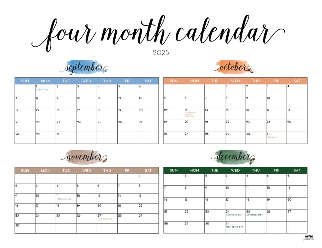 2025 Four Month Calendars - 31 Free Printables | Printabulls intended for Printable Calendar August 2025 to December 2025