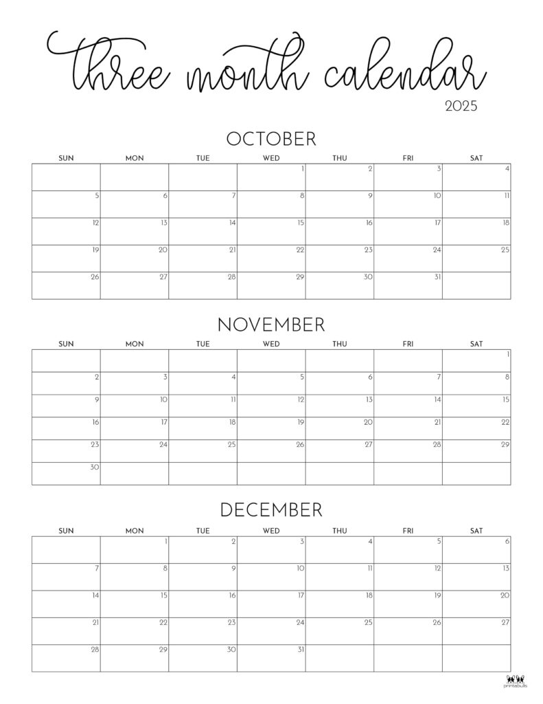 2025 Three Month/Quarterly Calendars - 36 Free Cals | Printabulls pertaining to Printable 3 Month Calendar October November December 2025