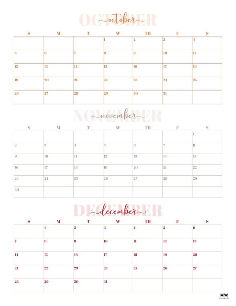 2025 Three Month/Quarterly Calendars - 36 Free Cals | Printabulls throughout Printable 3 Month Calendar October November December 2025
