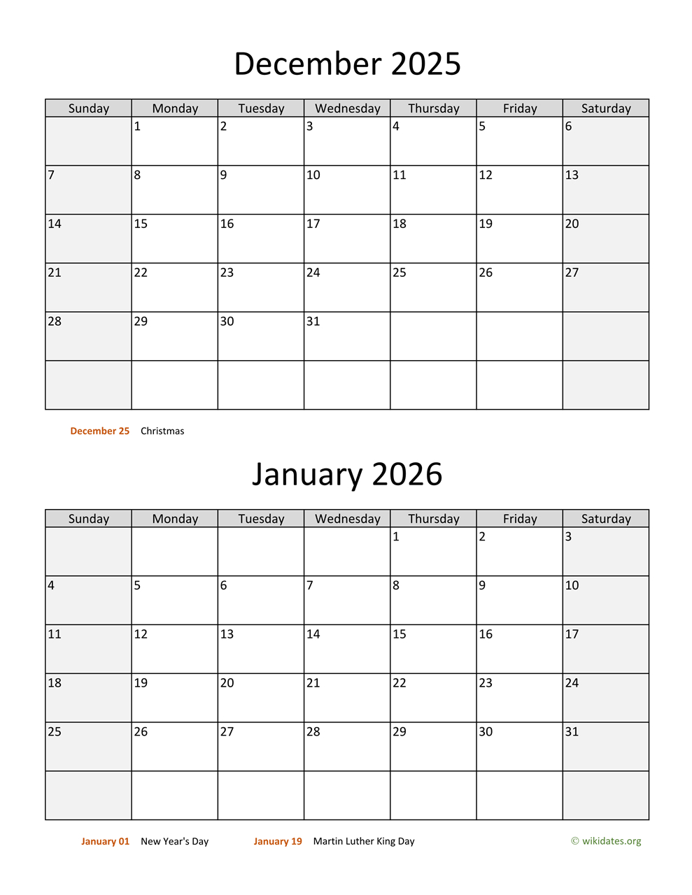 December 2025 And January 2026 Calendar | Wikidates inside January To December 2025 Calendar Printable
