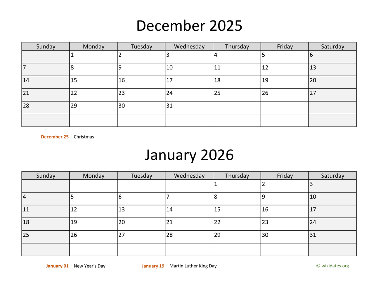 December 2025 And January 2026 Calendar | Wikidates within December 2025 January 2026 Calendar Printable