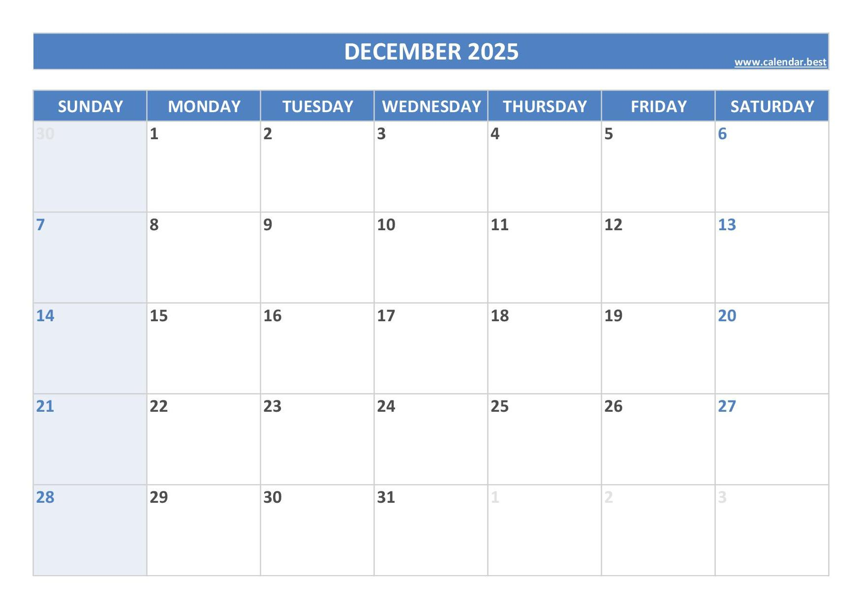 December 2025 Calendar -Calendar.best with regard to Free Printable December 2025 Calendar