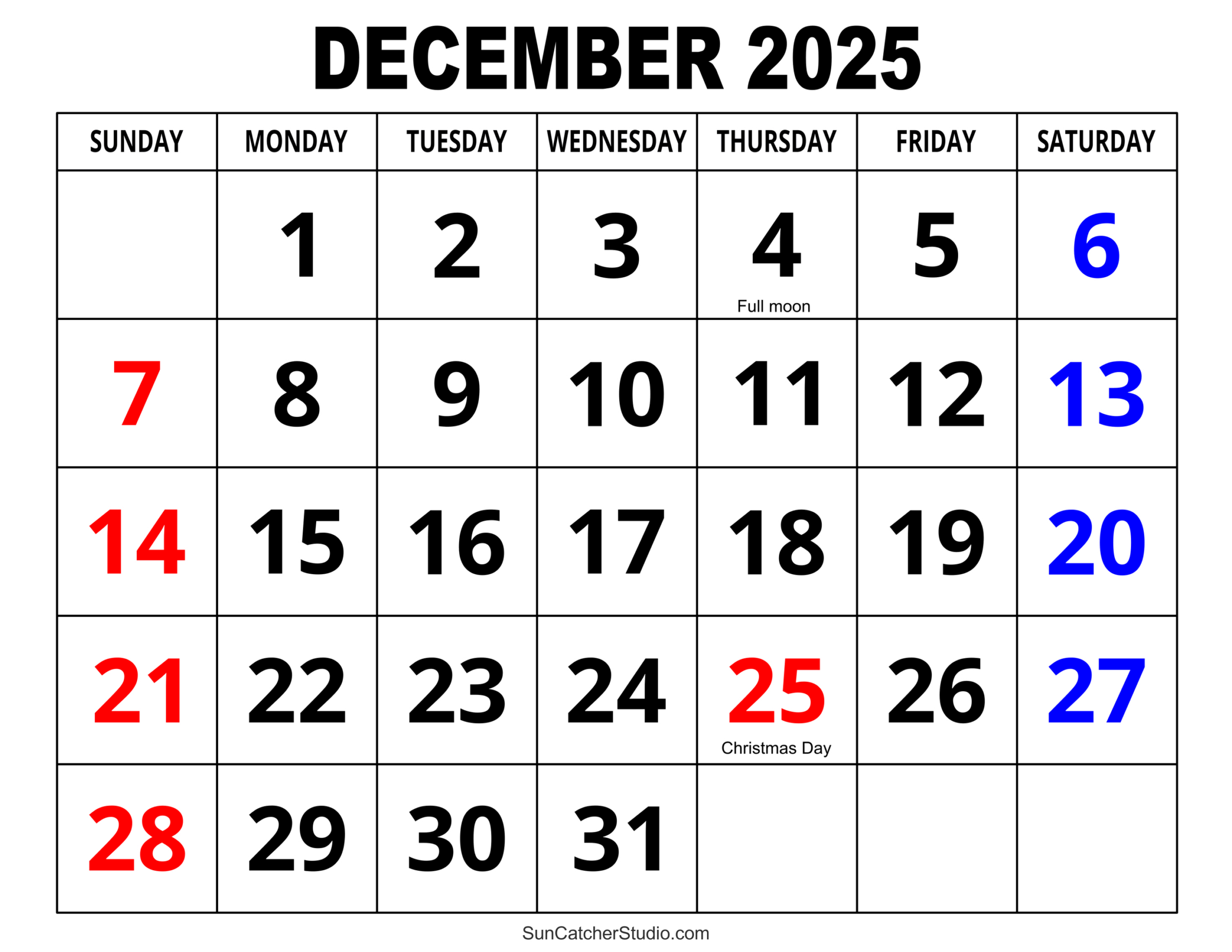December 2025 Calendar (Free Printable) – Free Printables intended for December 2025 Calendar Numbers Printable