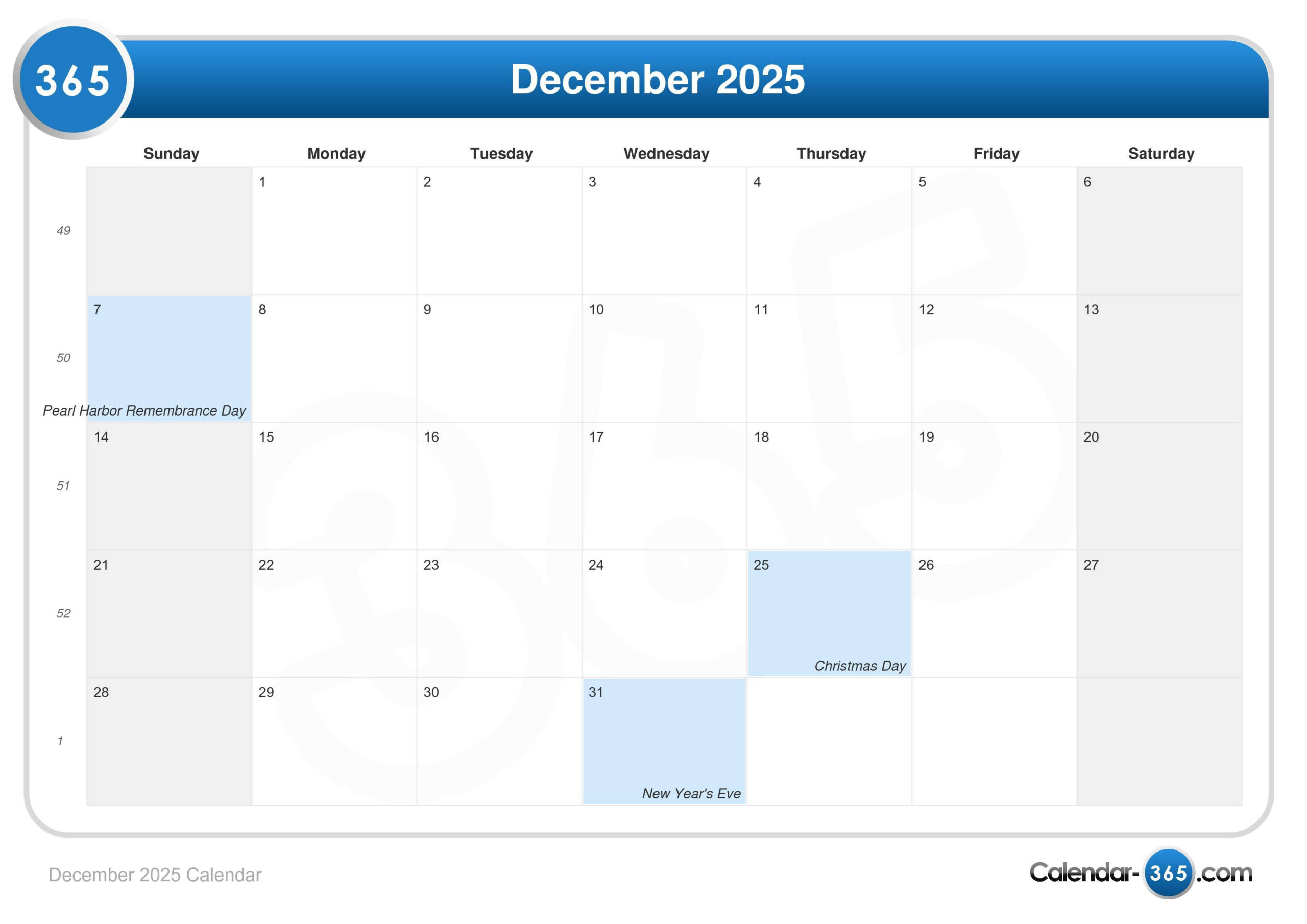 December 2025 Calendar throughout Calendar December 2025 2008 Printable